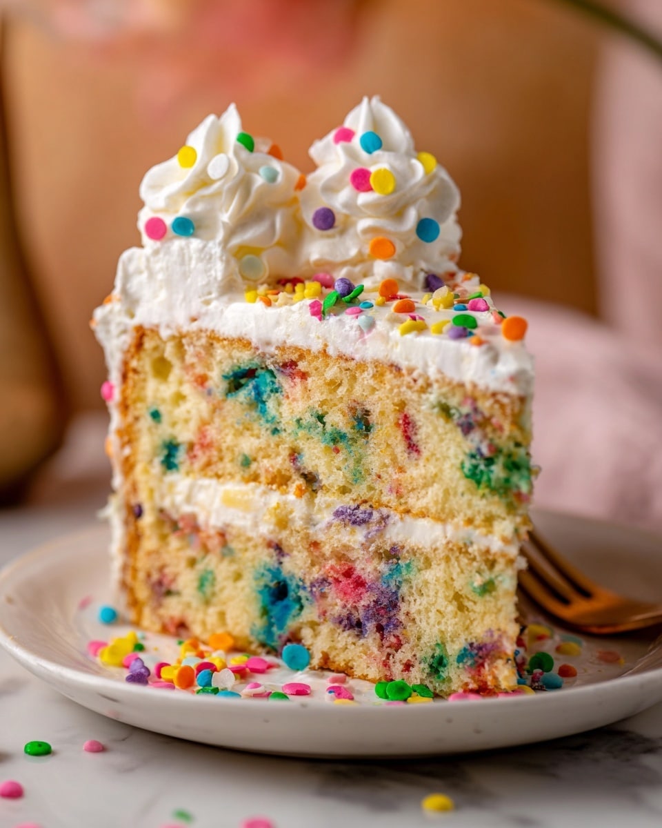 A single slice of colorful funfetti cake sits on a white plate on a white marbled surface. The cake has two visible layers of golden-yellow sponge inside with many bright blue, green, red, purple, and orange sprinkles mixed into the batter. The top layer of the cake is covered thickly with smooth, white frosting. On top of this frosting, three tall white swirls of whipped cream add height and texture. Bright round confetti sprinkles in yellow, green, pink, blue, orange, and purple are scattered generously over the whipped cream and frosting, as well as on the plate around the cake slice. The background is softly blurred with warm colors. photo taken with an iphone --ar 4:5 --v 7
