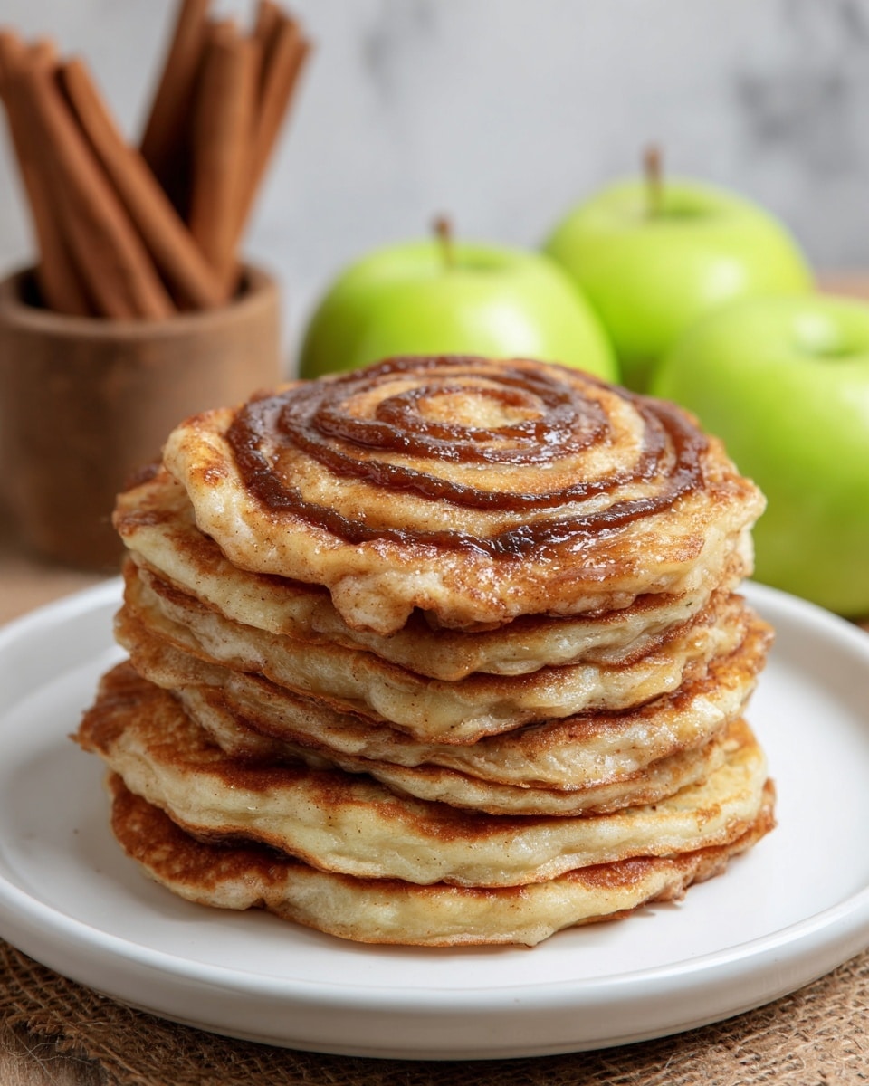 A stack of eight golden brown pancakes with uneven edges sits in the middle of a white plate, each pancake showing a slightly crispy, textured surface. On the top pancake, there is a spiral of smooth, dark brown syrup, thicker in the center and thinning outward in a glossy swirl. Behind the pancake stack, two bright green Granny Smith apples stand out against a soft white marbled surface, along with a blurred wooden container filled with cinnamon sticks in the background. The plate rests on a light fabric with visible tassels. photo taken with an iphone --ar 4:5 --v 7