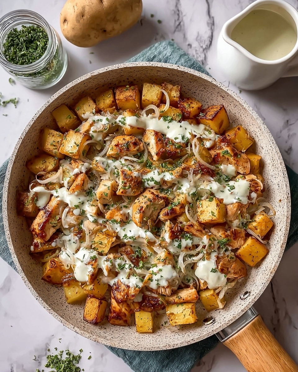 The image shows a pan filled with three layers of food: the bottom layer is made of golden-brown roasted potato cubes with some pieces having a crispy skin, the middle layer has grilled chicken chunks with a lightly charred texture, and the top layer is creamy white sauce spread unevenly over the potatoes and chicken, sprinkled with finely chopped green herbs and thin slices of translucent cooked onions. The pan has a light speckled inner surface and a wooden handle, sitting on a white marbled texture. Nearby are a whole potato, a small glass jar with green herbs, and a white jug of sauce. photo taken with an iphone --ar 4:5 --v 7