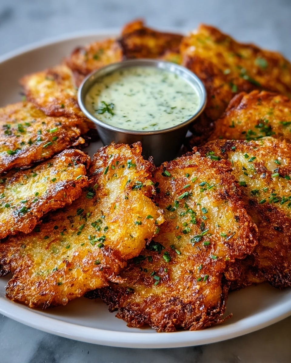 A white plate is filled with several pieces of golden-brown, crispy potato pancakes that have a crunchy texture and are sprinkled with green herbs, giving a fresh look. The pancakes are irregularly shaped and stacked slightly unevenly, covering most of the plate's surface. In the middle of the plate is a small round white cup filled with a creamy white dipping sauce with small green herb pieces mixed in. The scene is set on a white marbled texture that adds brightness to the image. The photo taken with an iphone --ar 4:5 --v 7