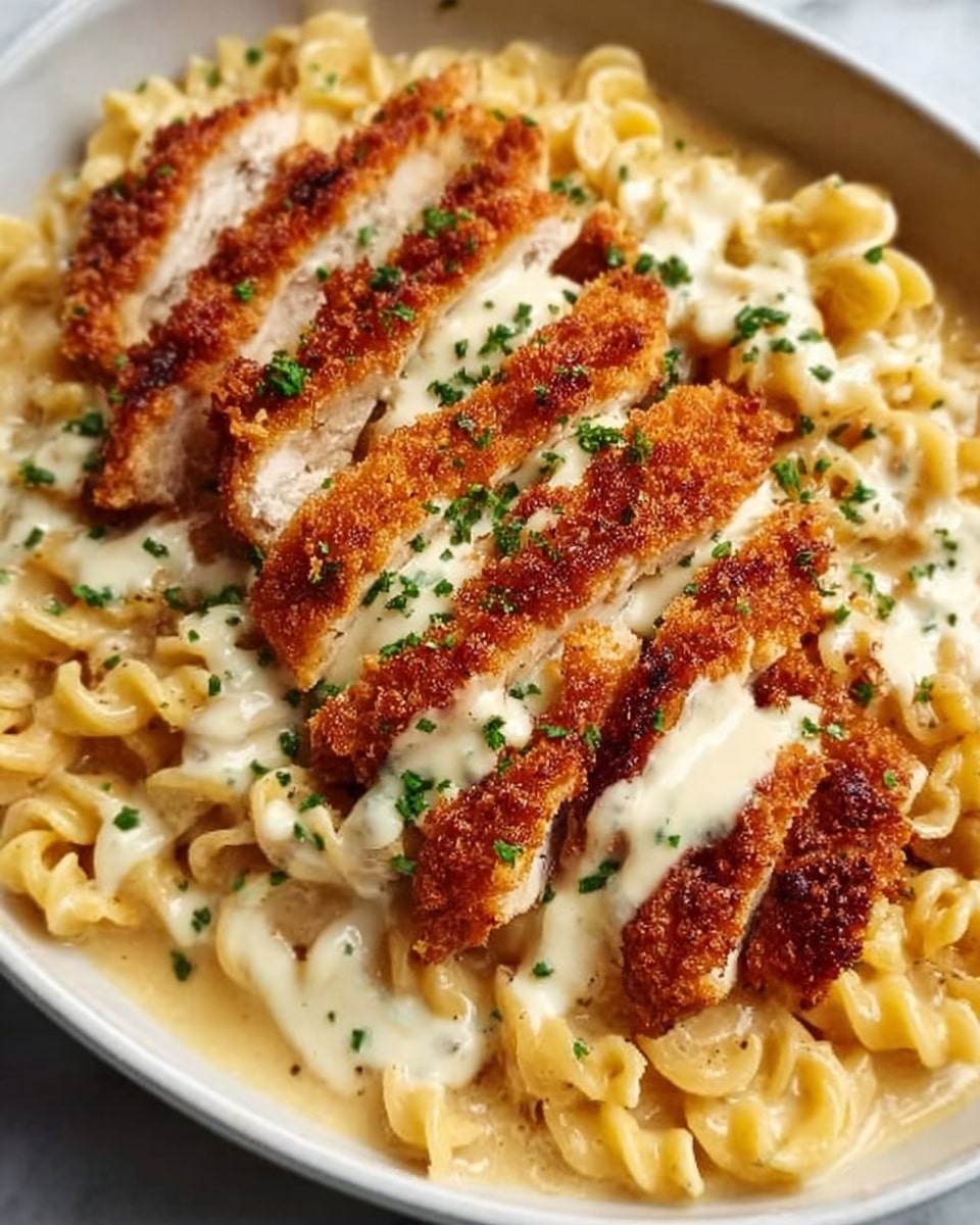 A close-up of a white oval plate filled with creamy pasta topped with crispy golden-brown chicken slices. The pasta is covered in a smooth, light beige sauce with a slightly speckled texture. On top, there is a single layer of chicken breast cut into strips, showing a crunchy, breaded outer coating with a warm golden color. The chicken is drizzled with a white creamy sauce and sprinkled with finely chopped green herbs. The plate sits on a white marbled surface. Photo taken with an iphone --ar 4:5 --v 7
