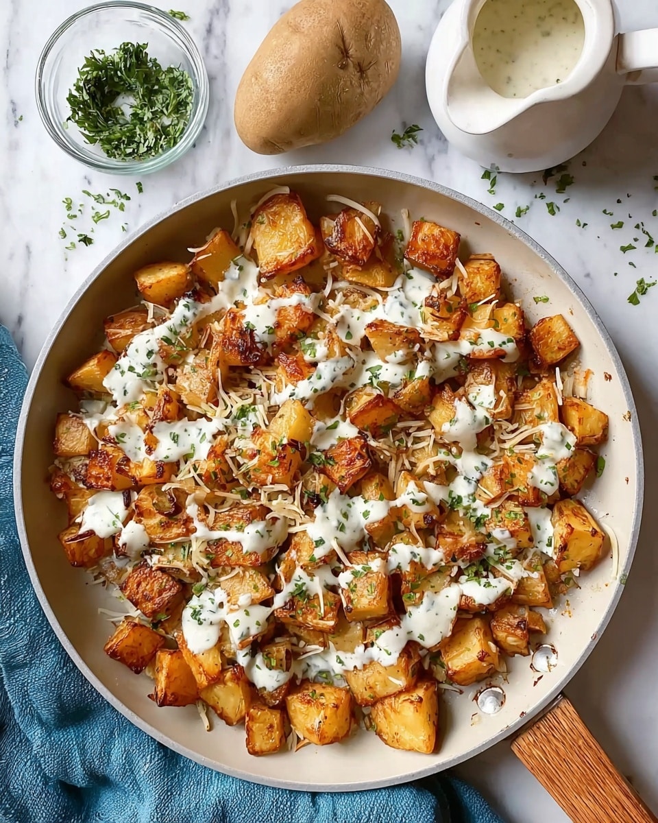 A white frying pan filled with a single layer of golden-brown roasted potato cubes, some with crispy edges, topped with shredded white cheese and creamy white sauce lightly drizzled on top, sprinkled with finely chopped green herbs. The pan has a wooden handle and is placed on a white marbled surface. Nearby, there is a whole potato, a white ceramic sauce pitcher with white sauce, a small glass bowl with chopped fresh green herbs, and a blue cloth. Photo taken with an iphone --ar 4:5 --v 7
