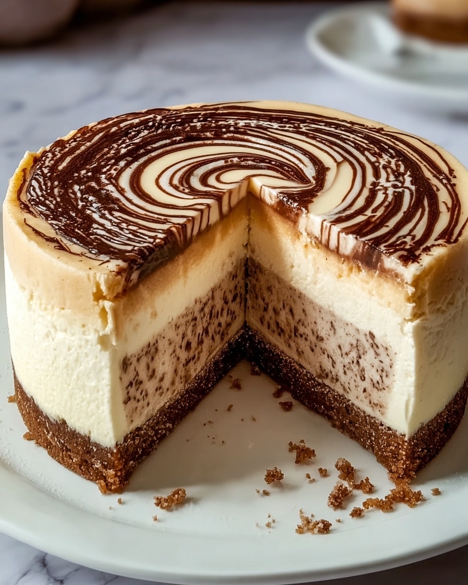 A round layered cheesecake with a thick crumbly brown base, topped by a smooth, creamy light beige layer, followed by a middle layer of mixed light beige and chocolate specks, then another smooth light beige layer. The top is decorated with swirls of chocolate powder and drizzle in a circular pattern. The cake is on a white plate with a few crumbs scattered around on a white marbled surface. A wedge slice is missing showing all the layers inside. Photo taken with an iphone --ar 4:5 --v 7