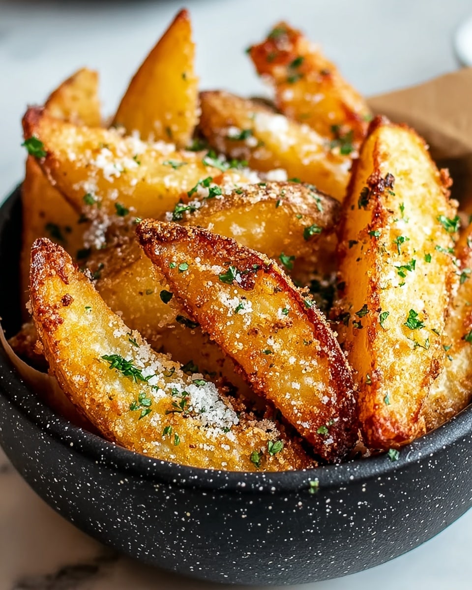 A close-up of a black speckled bowl filled with golden-brown potato wedges, each wedge coated with a layer of white grated cheese and small green parsley flakes. The potato wedges show a crispy texture with visible seasoning, some edges are slightly charred, and the inside looks soft and fluffy. The bowl is placed on a white marbled surface, and the warm colors of the wedges contrast with the dark bowl and light background. photo taken with an iphone --ar 4:5 --v 7