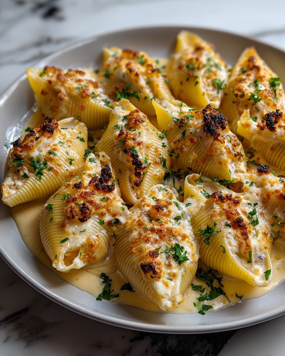 A white plate holds large pasta shells arranged closely together, each shell filled with a creamy, pale yellow cheese mixture. The tops of the filled shells are golden brown with small charred spots, showing a slightly crispy texture from baked cheese. Fresh green parsley pieces are sprinkled evenly over the shells, adding a touch of color contrast. The pasta sits on a pool of melted cheese sauce that has a rich, glossy appearance, giving the dish a warm and inviting look. The background is a white marbled texture. photo taken with an iphone --ar 4:5 --v 7