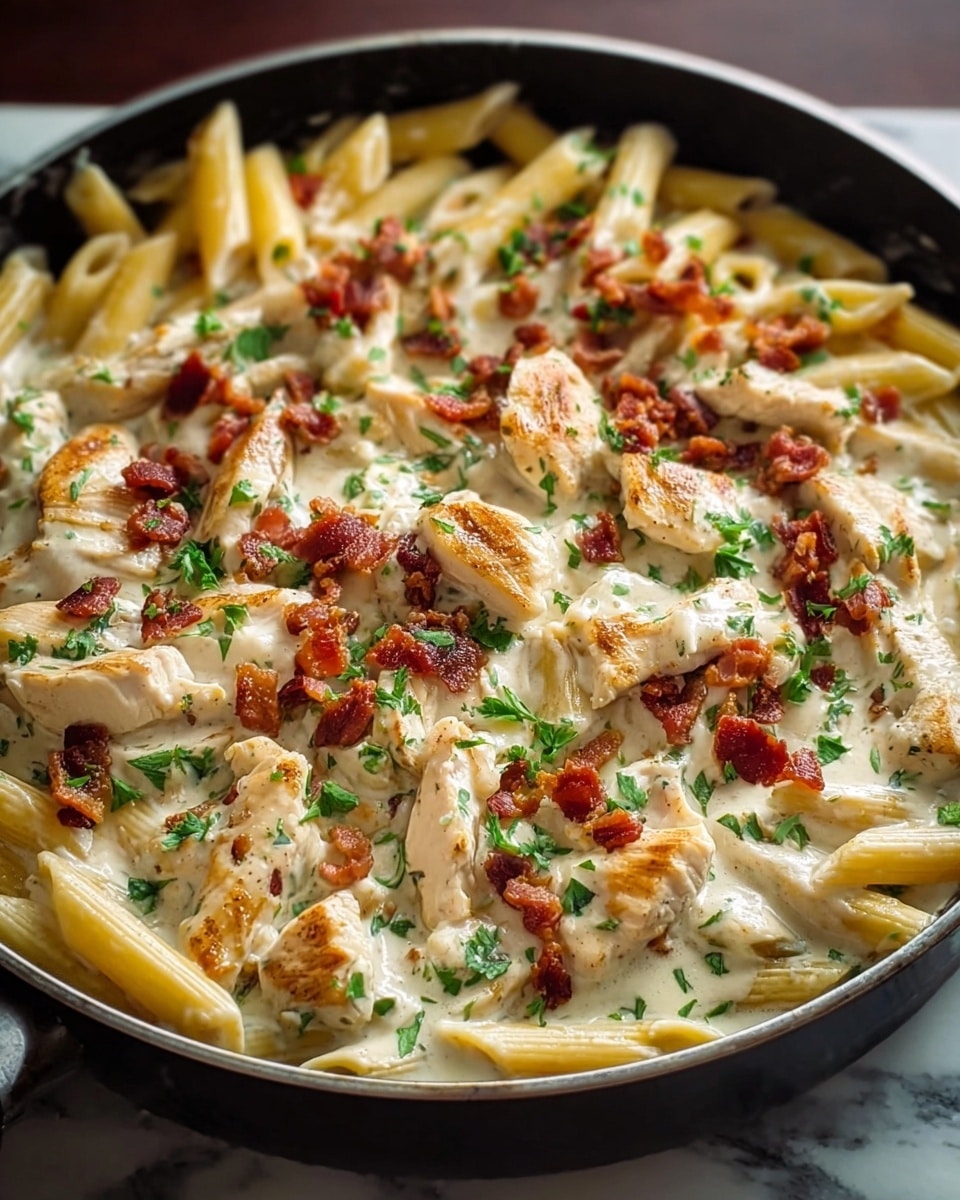 A close-up of a pan containing a creamy pasta dish with three main layers: the bottom layer is penne pasta cooked to a light yellow color, the middle layer is thick white creamy sauce mixed with grilled chicken pieces that have a light brown sear, and the top layer is sprinkled with small crispy red-brown bacon bits and bright green chopped parsley scattered evenly across. The pan is black and placed on a white marbled surface. photo taken with an iphone --ar 4:5 --v 7