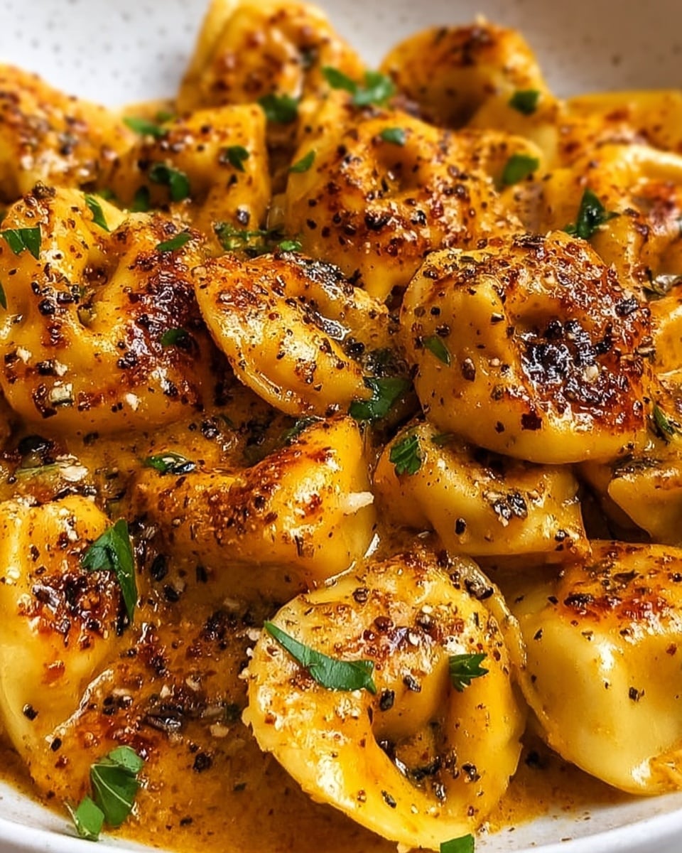 This image shows a close-up of golden brown tortellini pasta covered in a rich, creamy orange sauce with visible herbs and seasoning. Each tortellini piece has a slightly crispy, browned outer layer with herbs sprinkled on top. Small green parsley leaves are scattered across the pasta, adding touches of vibrant green amid the warm, saucy textures. The dish is set against a white marbled surface that enhances the color contrast of the food. photo taken with an iphone --ar 4:5 --v 7