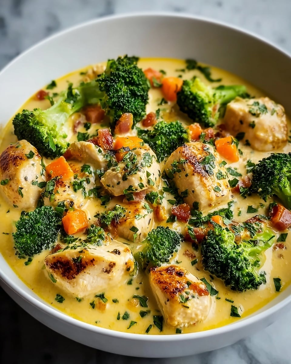 A white bowl filled with a creamy yellow sauce forms the base layer, holding tender pieces of white chicken that have slight char marks and are scattered throughout. Bright green broccoli florets and small orange carrot chunks are mixed evenly in the sauce, adding color and texture. The dish is topped with finely chopped fresh green herbs, creating a fresh, vibrant look. The bowl sits on a white marbled surface. Photo taken with an iphone --ar 4:5 --v 7