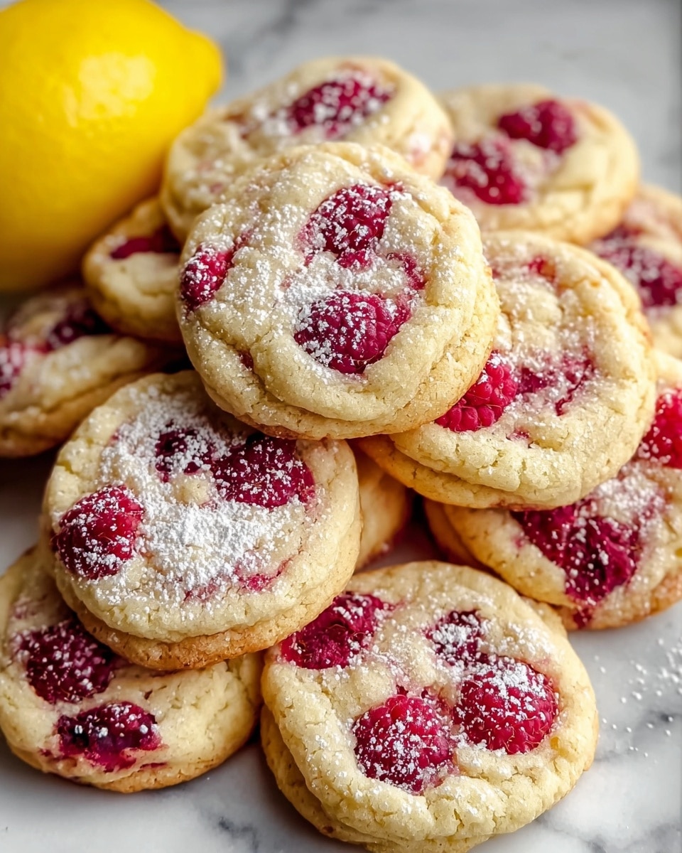 A pile of soft, round cookies with light golden edges and a creamy beige center speckled with bright red raspberries, some whole and some slightly crushed, spread evenly across the surface. The cookies are dusted with a fine layer of white powdered sugar, adding a delicate touch on top. In the background, a bright yellow whole lemon contrasts with the cookies against a white marbled texture. The overall look is warm and fresh, with the cookies stacked casually in a close group. Photo taken with an iphone --ar 4:5 --v 7