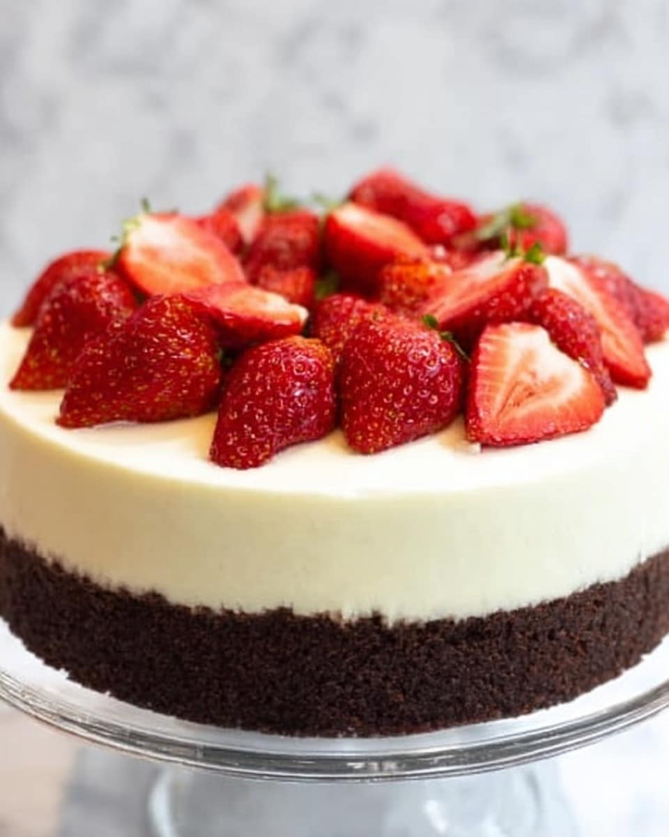 The image shows a round chocolate cake with two main layers: a thick dark brown chocolate base and a thick smooth white cream layer on top. The cake is topped with fresh red strawberries, some whole and some sliced, spread evenly over the white cream. The cake is placed on a clear glass stand, and the background is a white marbled texture. photo taken with an iphone --ar 4:5 --v 7