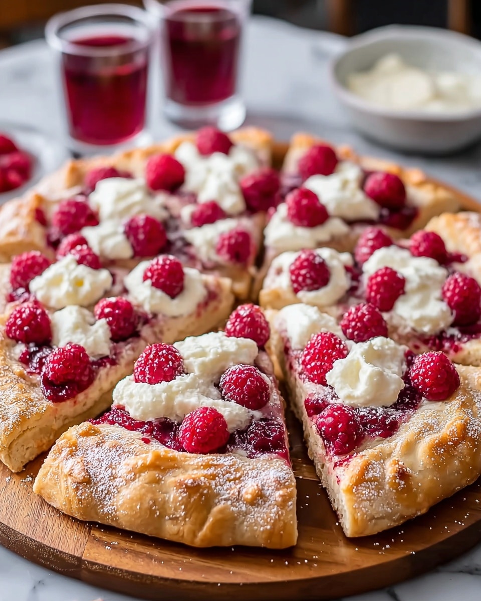 The image shows a round dessert pizza sliced into eight pieces on a wooden board. The pizza has a thick, golden-brown crust with a dusting of powdered sugar. The base layer is a bright red raspberry sauce spread evenly over the dough. On top of the sauce, there are generous dollops of white creamy cheese evenly spread across the surface, with fresh whole raspberries scattered between the cheese. The dessert is set against a white marbled texture background with two small clear glasses filled with a red liquid and a white bowl blurred in the background. photo taken with an iphone --ar 4:5 --v 7