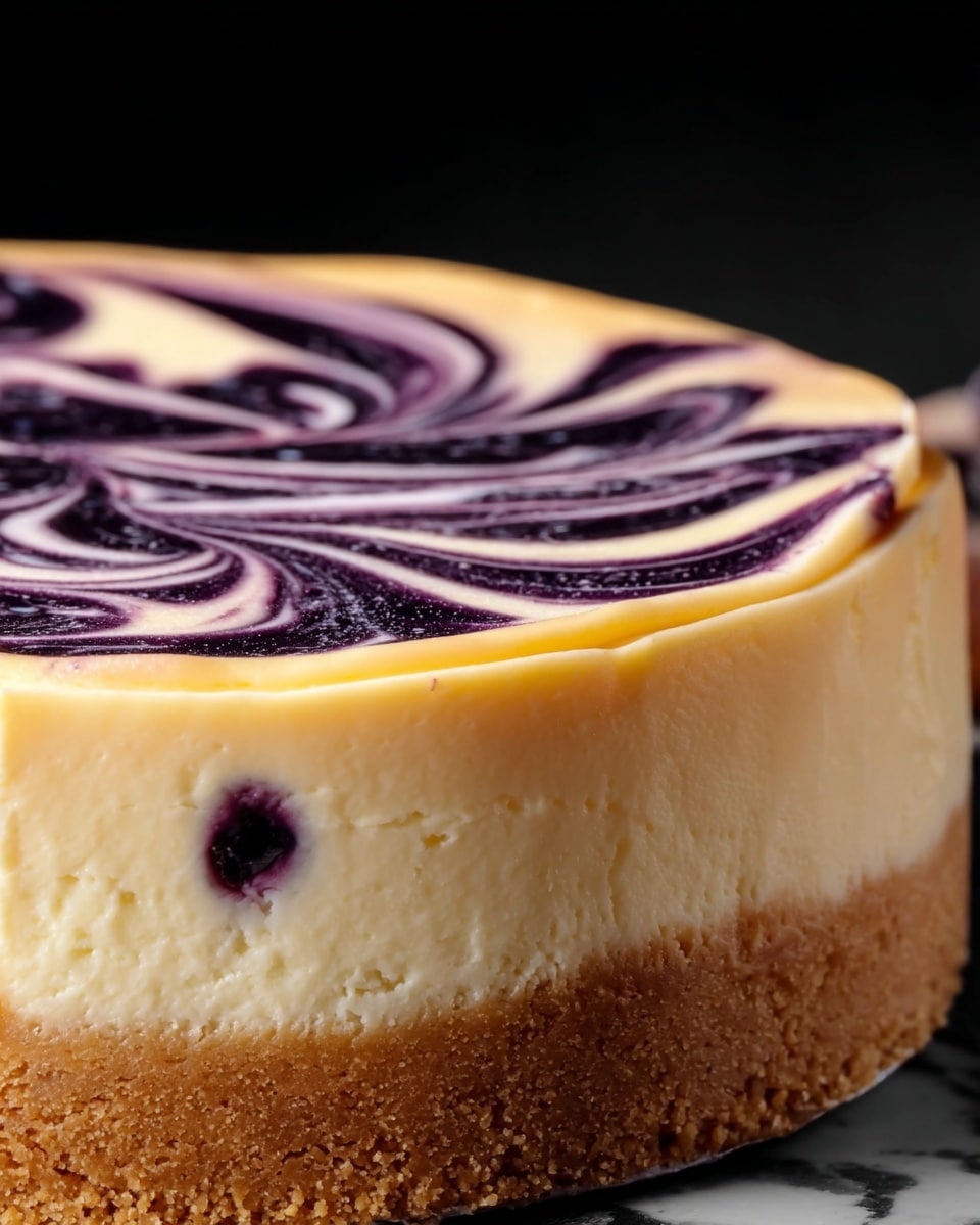 A close-up of a cheesecake with two clear layers: the base layer is a light brown, crumbly crust, and the top layer is creamy pale yellow with a smooth texture. On the very top, there is a dark purple swirl pattern mixed into the creamy layer, creating a marbled effect with flowing lines and some small dark spots for texture. The cheesecake is shown against a black background with parts of a white marbled surface slightly visible. photo taken with an iphone --ar 4:5 --v 7