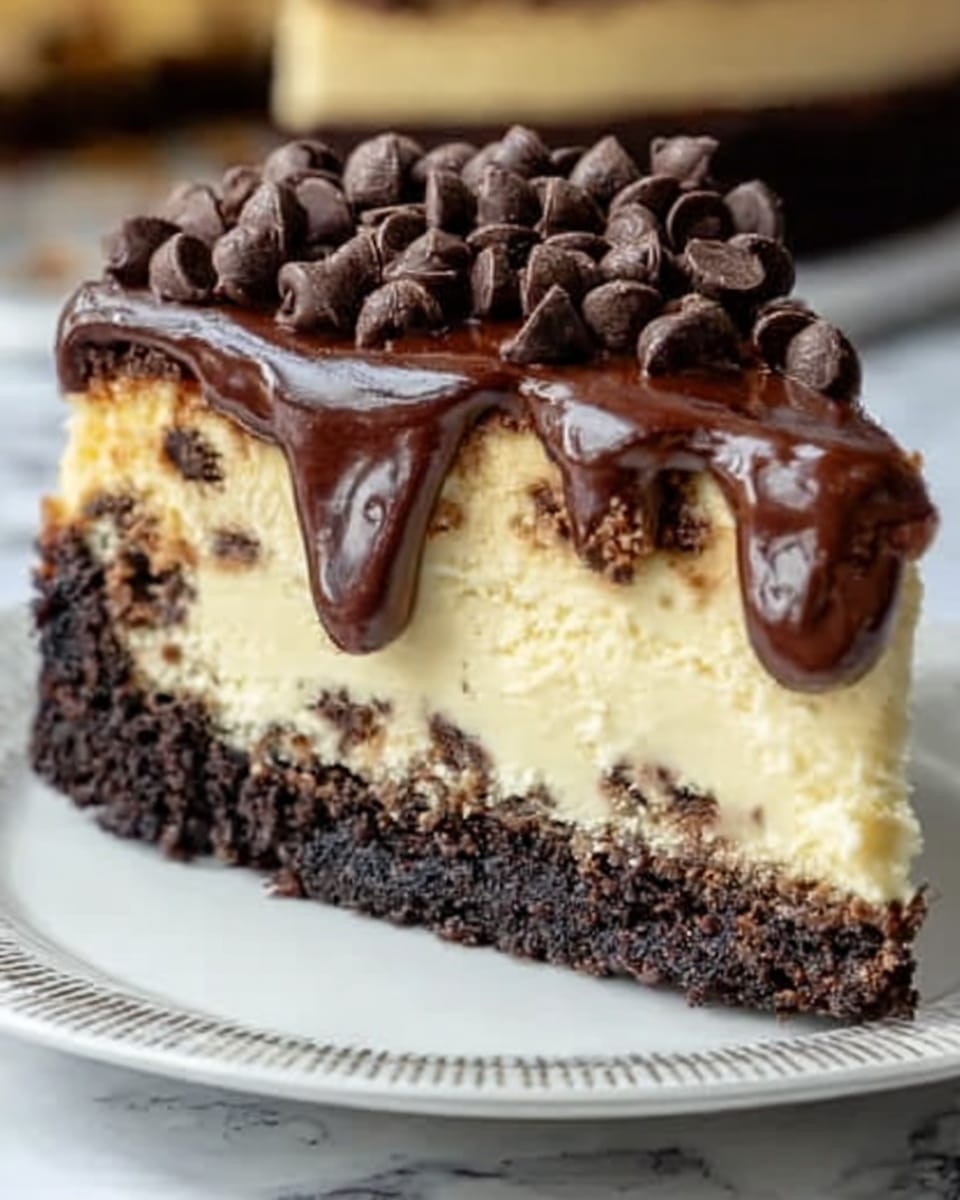 A slice of layered dessert on a white plate with a white marbled background. The bottom layer is dark and crumbly, resembling an Oreo cookie crust. Above this is a thick, light beige cheesecake layer with a smooth texture. On top of the cheesecake is a medium brown caramel layer. Thick dark chocolate sauce drips down the sides of the slice. The top is covered with chunks of peanut butter cups and crunchy cookie pieces, adding texture and color. Some chocolate sauce pools on the plate around the slice. Photo taken with an iphone --ar 4:5 --v 7