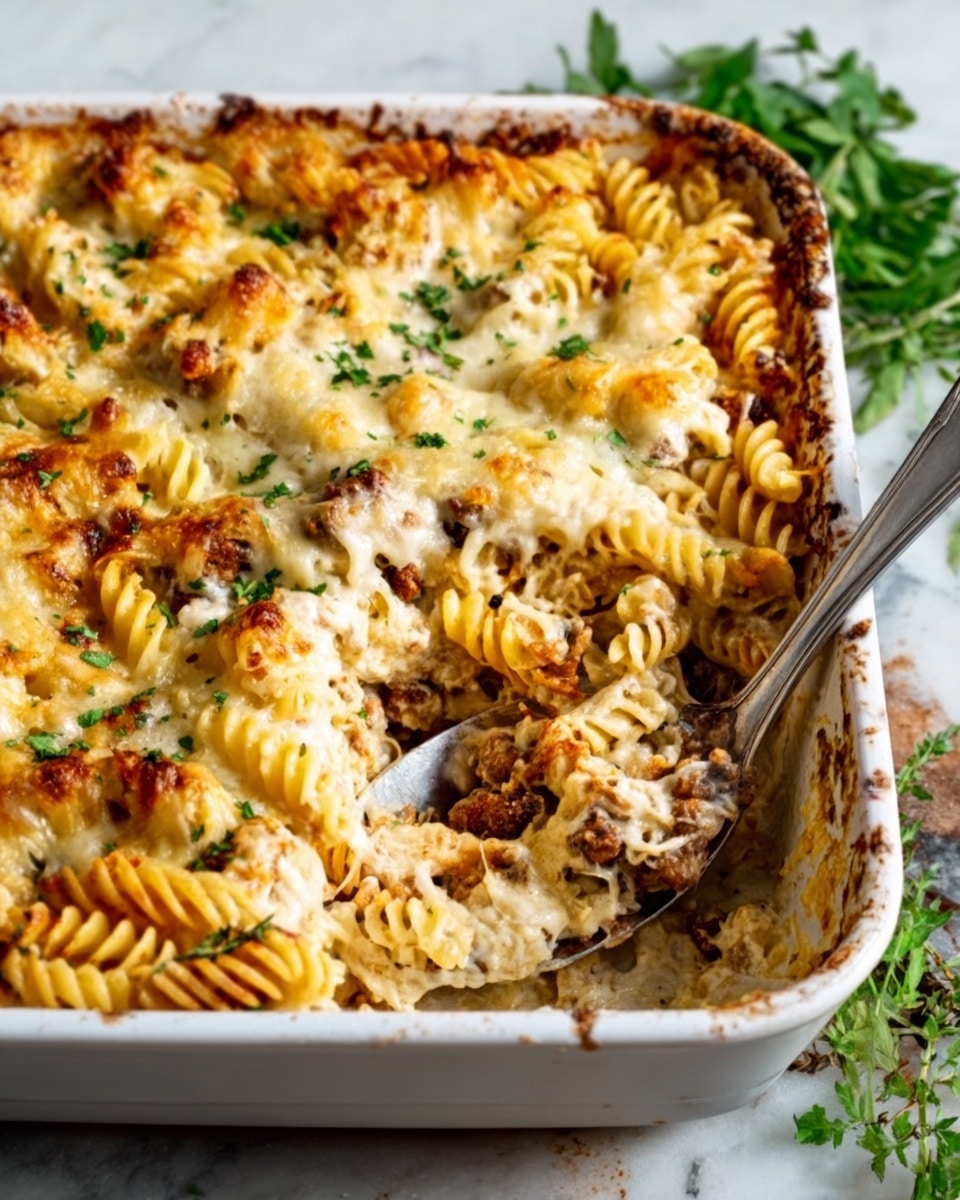 The image shows a white rectangular baking dish filled with a layered pasta bake. The bottom layer consists of twisted pasta in a light yellow color, mixed with pieces of browned meat. On top is a thick, bubbly layer of melted cheese that is golden and slightly browned in spots, with some green herb bits sprinkled on the surface. A silver spoon rests inside the dish, partially scooping out some pasta, revealing the layers beneath. The dish sits on a wooden surface with some green herbs nearby. The photo taken with an iphone --ar 4:5 --v 7