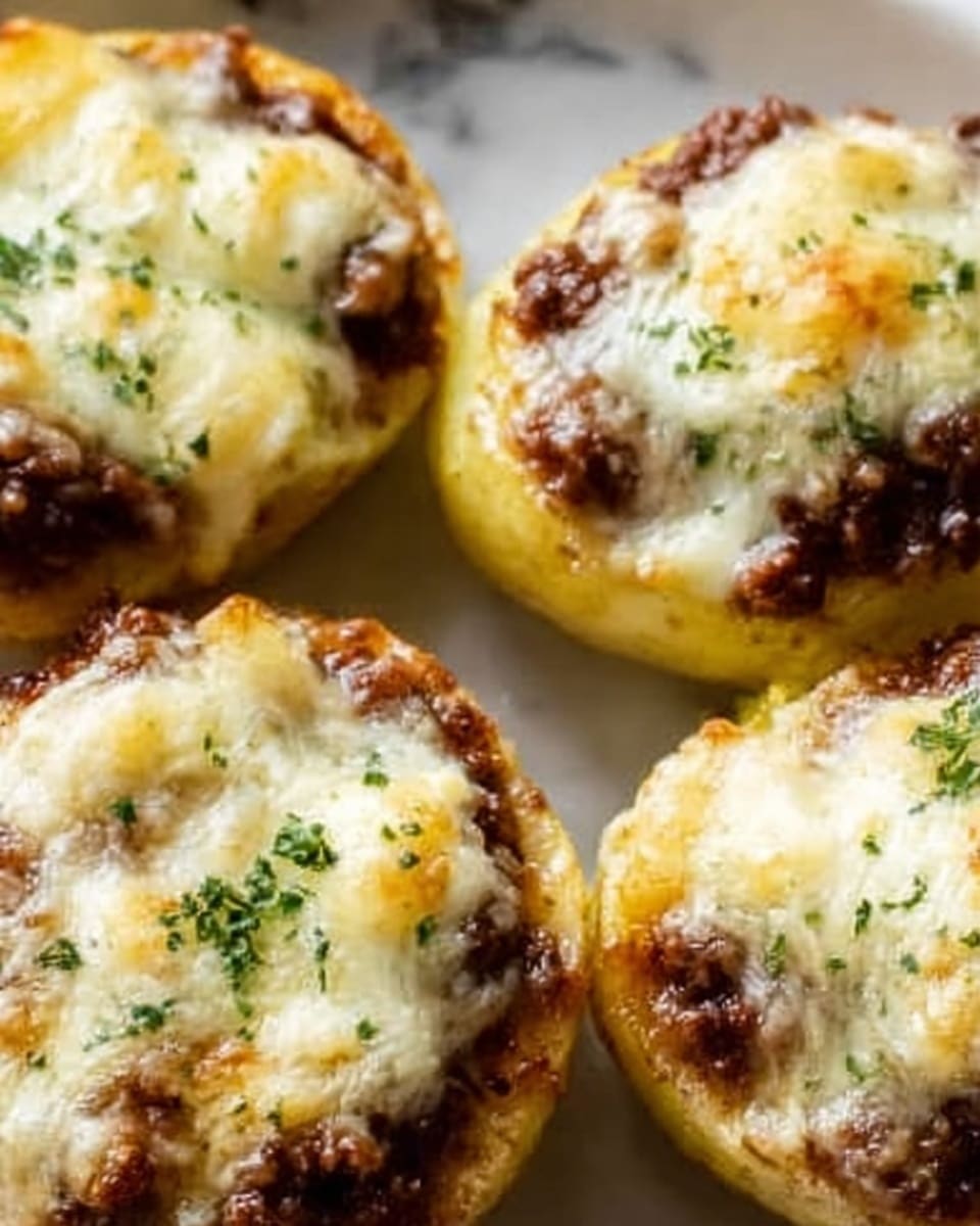 The image shows four stuffed potato halves placed closely together on a white marbled surface. Each potato half is filled with a layer of dark brown cooked ground meat, topped with melted creamy white cheese sprinkled with small green herbs. The potato skin is visible around the edges, light yellow and slightly crispy. The cheese is golden and bubbly in some spots, giving a warm, fresh-baked look. The overall scene is bright and appetizing, focusing closely on the texture of the cheese and meat filling. photo taken with an iphone --ar 4:5 --v 7