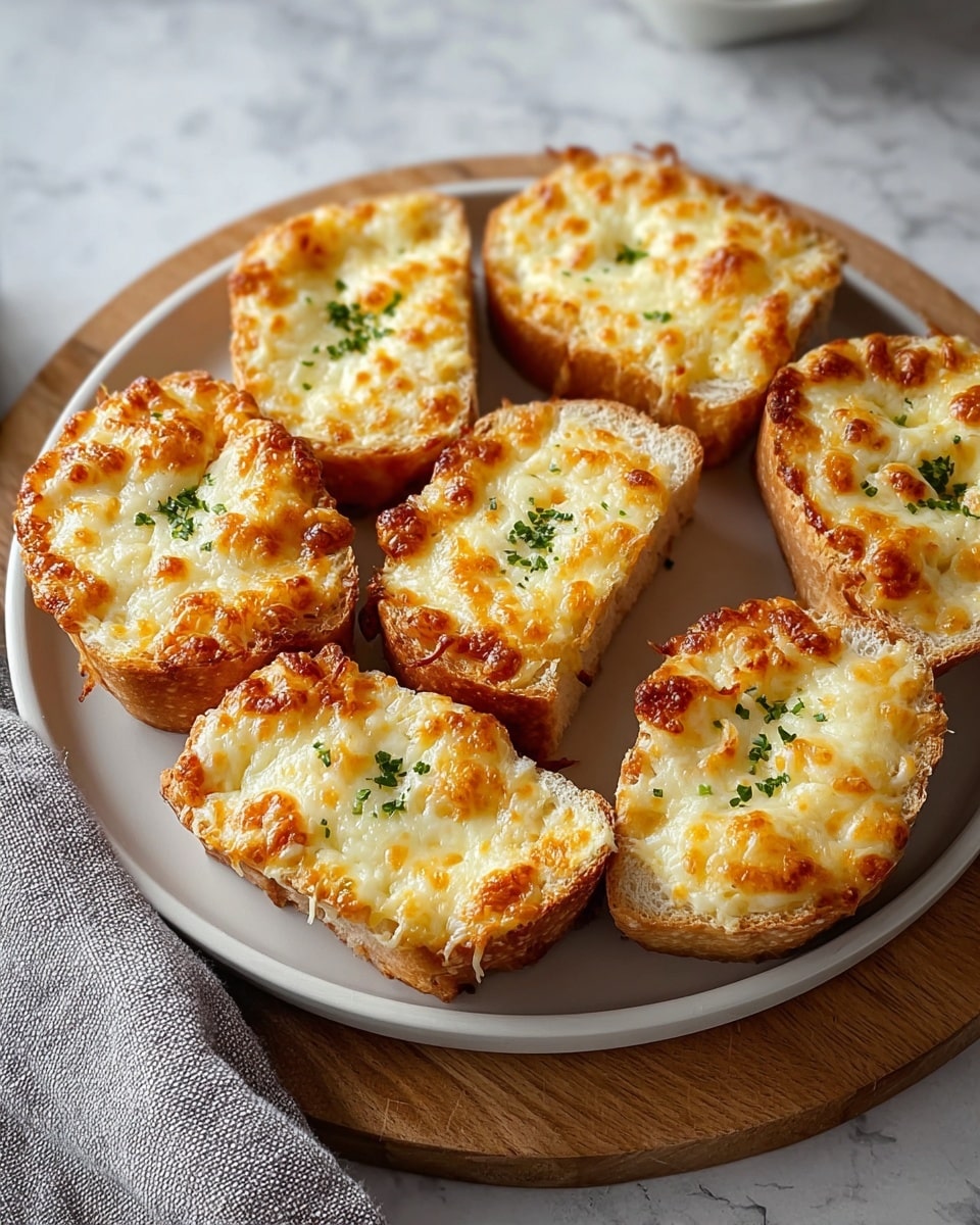A round white plate holds nine small toasted bread slices arranged closely together. Each slice has one layer of golden-brown crusty bread topped with a thick layer of melted cheese that is bubbly and browned in spots, giving a rich texture. Small green herb pieces garnish each cheesy toast, adding a touch of color. The plate sits on a white marbled surface with a tan wooden round board underneath, along with a light gray cloth partially visible on the side. Light falls softly across the toasts, highlighting their textures and colors. photo taken with an iphone --ar 4:5 --v 7