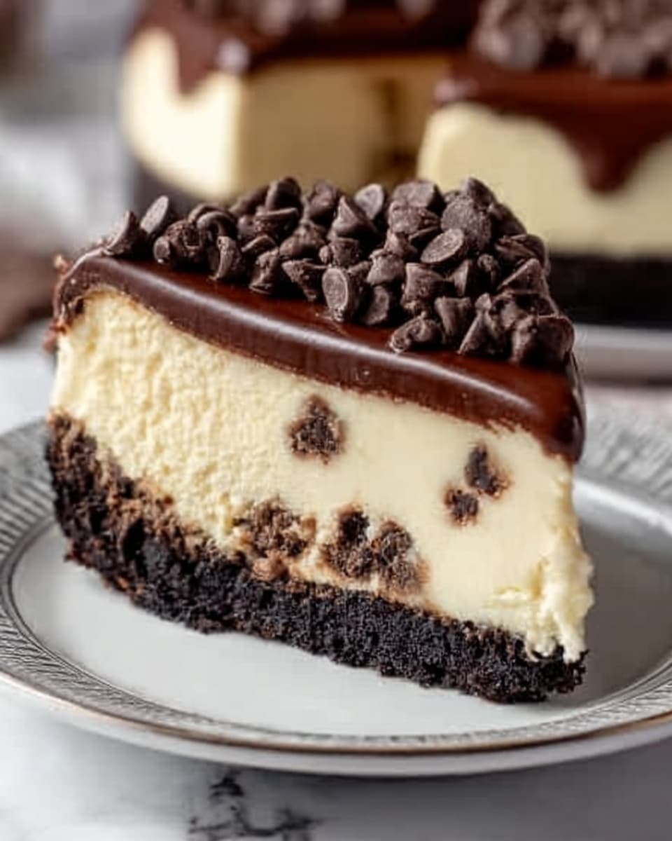A close-up of a slice of cheesecake on a white plate with brown floral patterns, resting on a white marbled surface. The cheesecake has three layers: a bottom dark chocolate crumb crust layer with a rough texture, a thick middle creamy pale yellow cheesecake layer with a smooth texture and some chocolate bits inside, and a glossy dark chocolate ganache layer flowing slightly over the edge. On top of the ganache, there is a small pile of dark chocolate chips forming a textured, uneven layer. Photo taken with an iphone --ar 4:5 --v 7