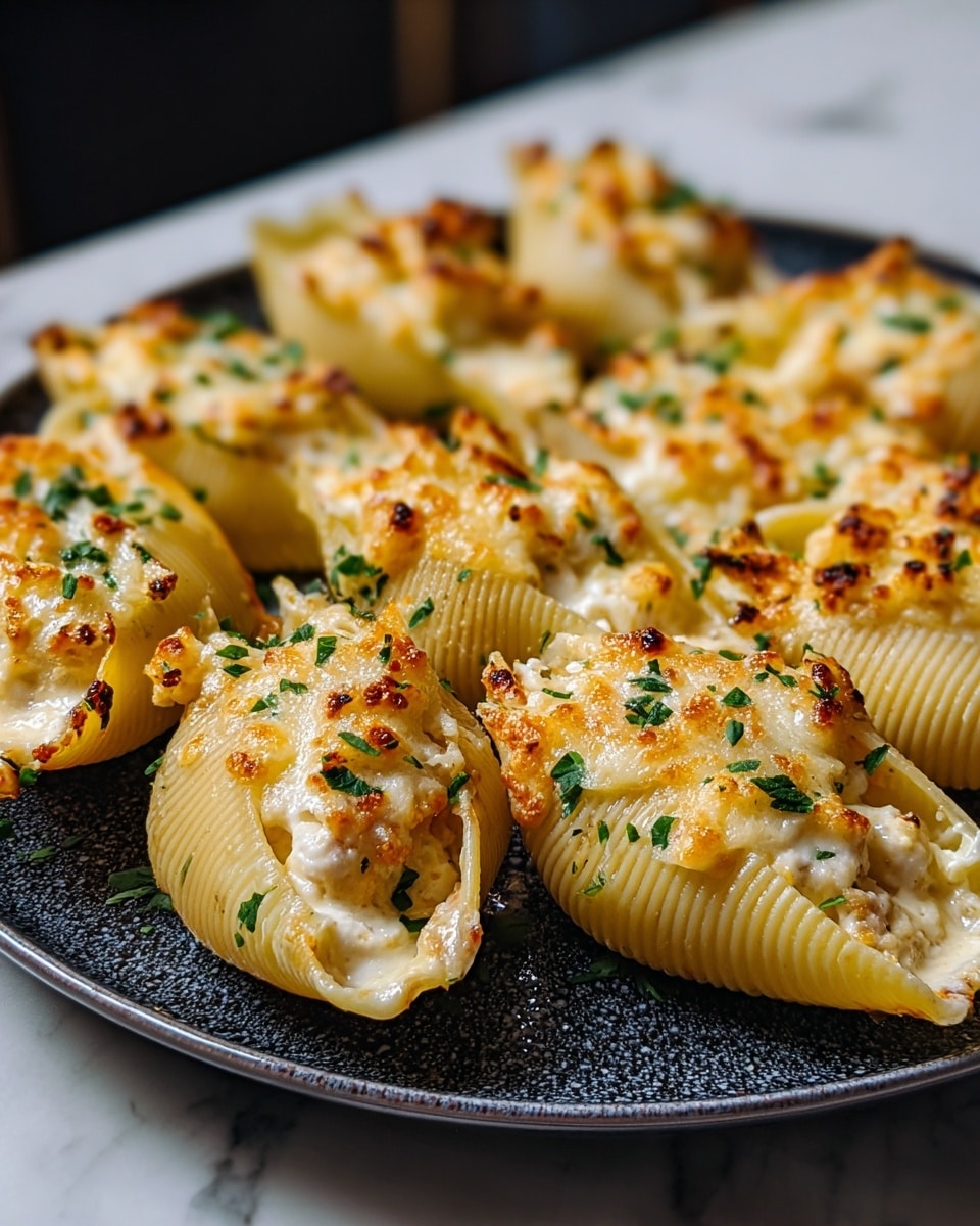 A close-up view of a plate holding large pasta shells, each filled with a creamy, white cheese mixture that is browned and bubbly on top. The shells are arranged on a dark speckled plate and lightly covered with melted cheese, with small green herb bits sprinkled over the entire dish for color contrast. The texture of the pasta is firm with ridges visible, and the browned cheese adds a crispy golden layer on top. The plate sits on a white marbled surface, adding a bright and clean background to the rich, creamy food. photo taken with an iphone --ar 4:5 --v 7
