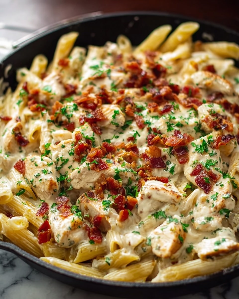 A close-up view of a black skillet filled with creamy pasta. The dish has three main layers: the base is yellow penne pasta, the middle layer is pieces of light golden brown cooked chicken mixed with a creamy white sauce, and the top layer shows sprinkled crispy red bacon bits and bright green chopped parsley, giving texture and color contrast. The creamy sauce looks smooth and rich, coating all the ingredients evenly. The image background is a white marbled texture. photo taken with an iphone --ar 4:5 --v 7