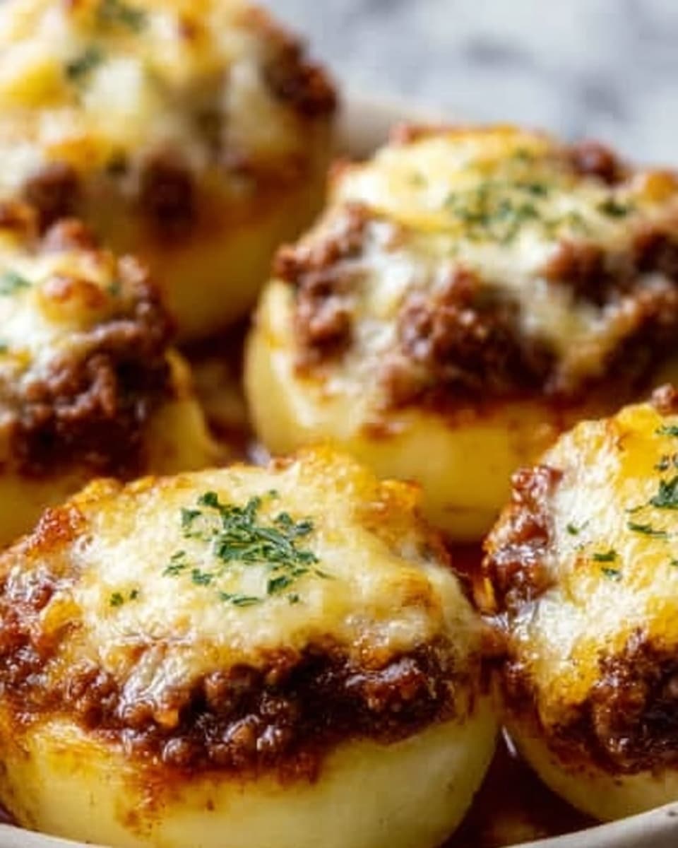 The image shows several round, cooked potato halves topped with a thick layer of browned ground beef, followed by a layer of melted cheese that is bubbly and slightly browned on top, garnished with small green herb sprinkles. The potatoes have a smooth, pale yellow inside and slightly crispy edges. The dish is presented on a white surface with a white marbled texture in the background. Photo taken with an iphone --ar 4:5 --v 7