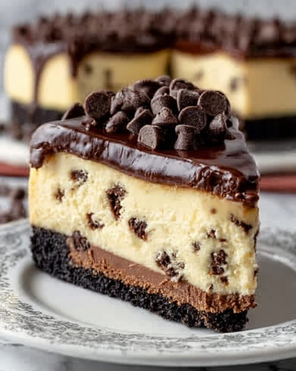 The image shows a close-up slice of a creamy cheesecake on a white plate with a delicate grey pattern. The cheesecake has three main layers: the bottom layer is a dark, crumbly chocolate crust; the middle layer is thick, smooth, and pale yellow cheesecake filling with small chunks of chocolate mixed in; the top layer is a shiny, rich chocolate ganache that slightly drips down the sides. On top, there is a pile of dark chocolate chips that look soft and glossy. The background is a white marbled surface, and a blurred larger cheesecake is visible behind the slice. Photo taken with an iphone --ar 4:5 --v 7