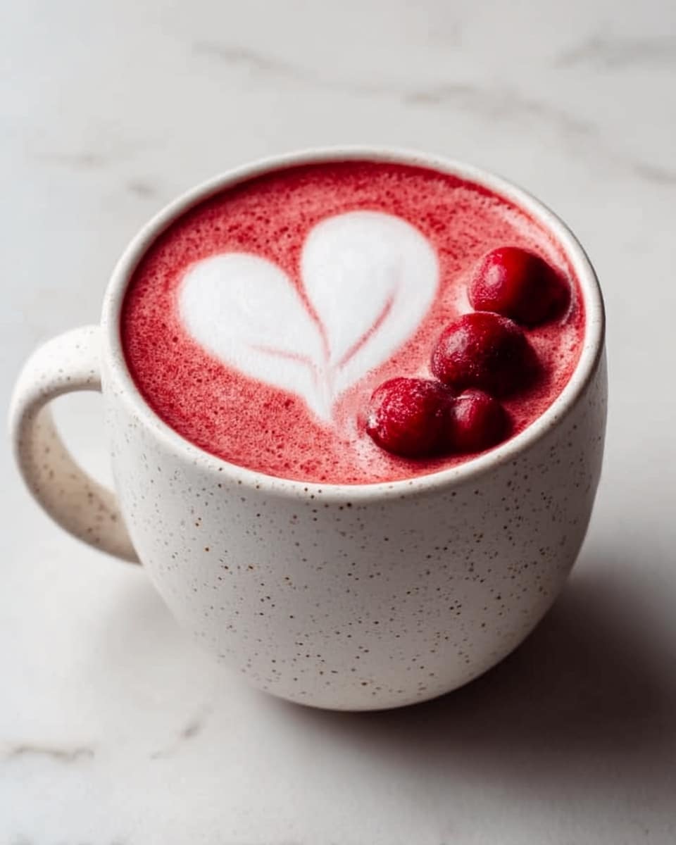 A white speckled mug filled with a pinkish-red drink topped with frothy white foam shaped like a heart. On top of the foam, there are four round, dark red berries arranged near the rim. The mug sits on a white marbled surface. The lighting shows soft shadows and bright highlights, making the drink look warm and inviting. Photo taken with an iphone --ar 4:5 --v 7