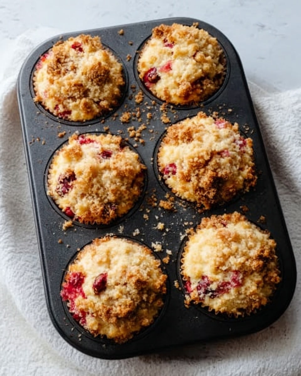 A white metal muffin tray holds six freshly baked muffins with a crumbly, golden-brown streusel topping. Each muffin shows a mix of light golden and reddish berry pieces swirling through the crumb, giving a textured look with chunks and spots of fruit visible. The muffins rise slightly above the tray edges with a rough, uneven top layer that looks crispy and strewn with crumb bits. The white marbled surface underneath adds clean contrast to the warm, inviting colors of the muffins. photo taken with an iphone --ar 4:5 --v 7