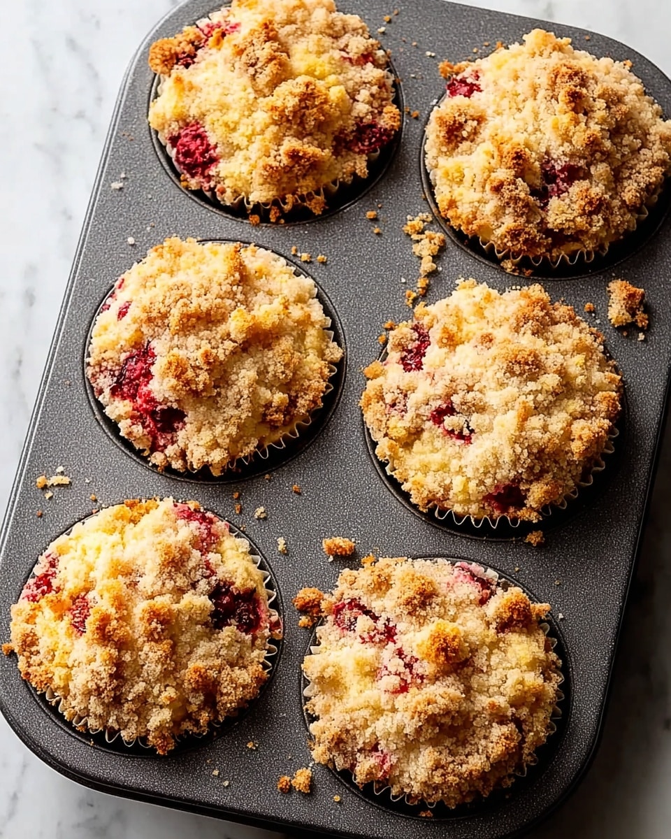 Six golden brown crumb muffins rest in a dark gray metal muffin tin placed on a white marbled surface. Each muffin has a crumbly top layer made of small, uneven golden and light brown clumps, with bits of red berries partially visible beneath the crumble. The muffins are full and slightly rounded above the tin edges, showing a soft, moist base with visible berries inside. Crumbs are scattered lightly around the muffins in the tin. photo taken with an iphone --ar 4:5 --v 7