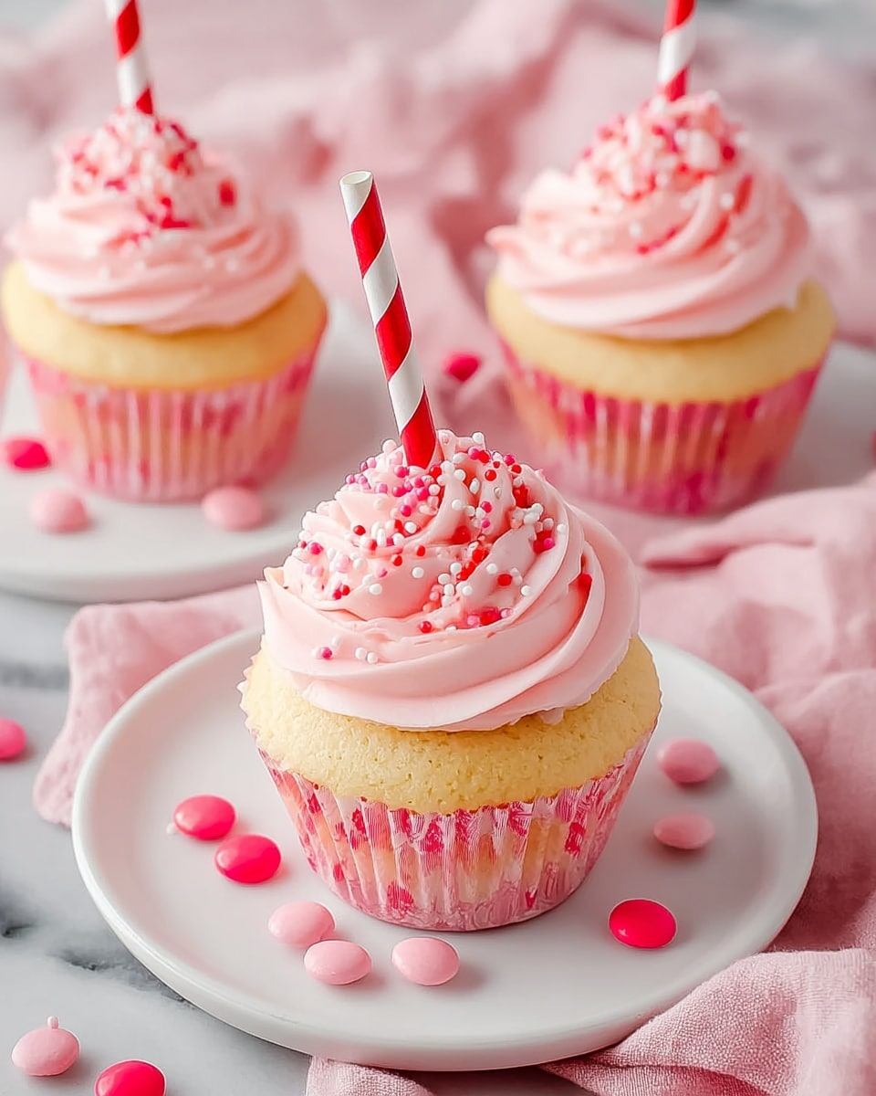 A close-up of a vanilla cupcake with three visible layers: a light yellow base with a soft texture in a pink and white striped paper liner, a thick swirl of pale pink frosting on top with a smooth and creamy look, sprinkled generously with small red, white, and pink round sprinkles, and a pink and white striped paper straw inserted in the middle of the frosting. The cupcake sits on a white plate with pink and red round edible beads scattered around it. In the background, there are three more similar cupcakes with the same layers, each on small white plates, all set on a soft pink cloth over a white marbled surface. photo taken with an iphone --ar 4:5 --v 7