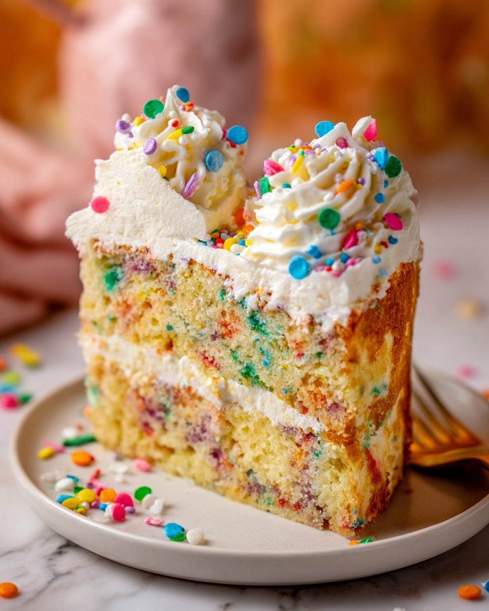 A close-up of a single slice of colorful funfetti cake on a white plate with a scalloped edge, showing two thick layers of light yellow cake dotted with bright rainbow sprinkles inside. The cake is topped by a thick, smooth white frosting layer that spreads evenly across the top and a set of two tall swirls of piped whipped white cream frosting. The whipped cream swirls are decorated with round and pearl-like sprinkles in vibrant colors like purple, yellow, green, and pink, which also scatter on the plate around the cake. The background displays a soft white marbled texture with blurred flower shapes. photo taken with an iphone --ar 4:5 --v 7