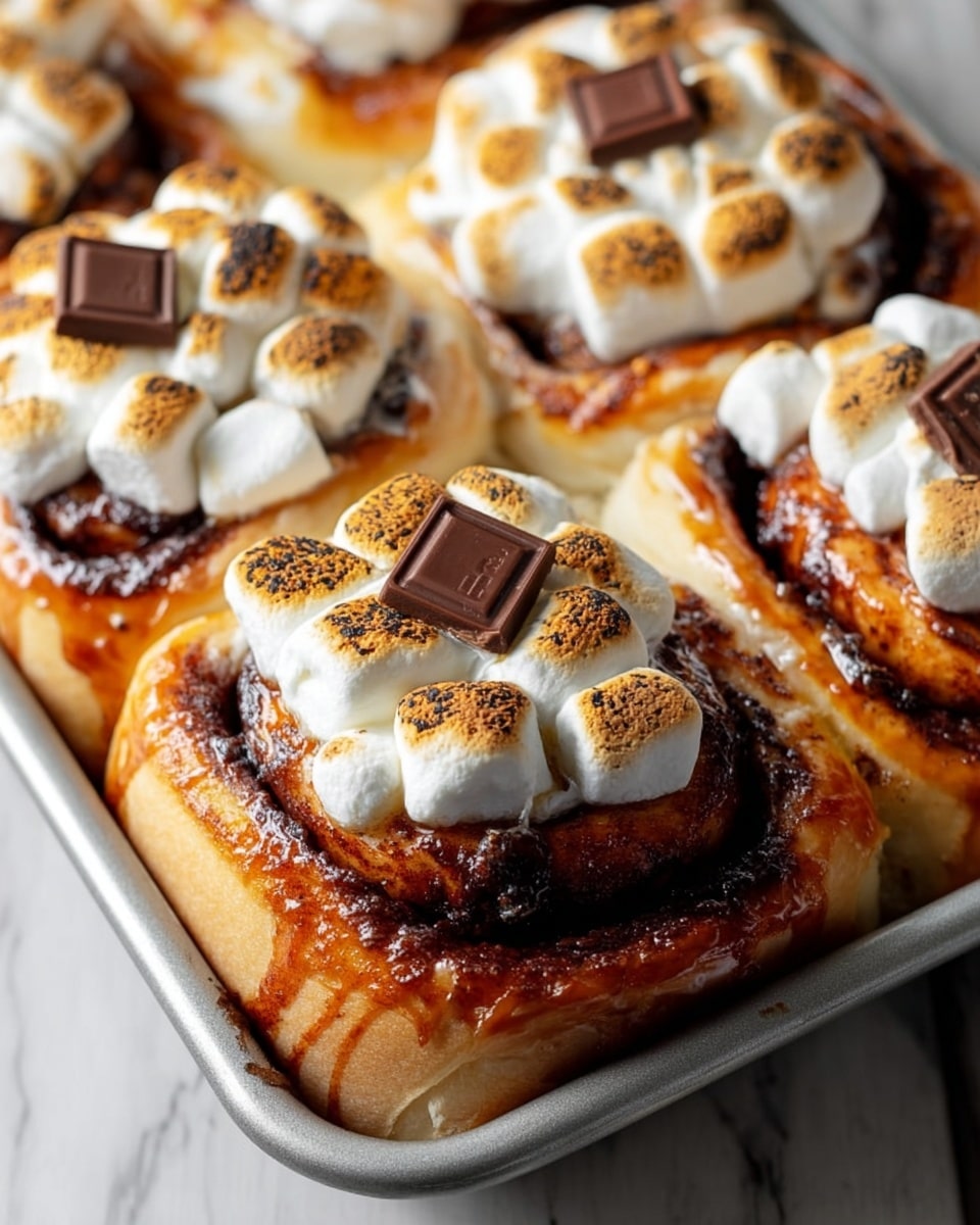 The image shows a close-up of six golden brown cinnamon rolls in a metal baking tray, each topped with a layer of toasted white marshmallows that have golden and slightly charred spots. On top of the marshmallows, there is a small square piece of dark chocolate placed at the center of each roll. The cinnamon rolls have a glossy texture with visible swirls of dark cinnamon filling inside the soft dough. The tray is placed on a white marbled textured surface. photo taken with an iphone --ar 4:5 --v 7