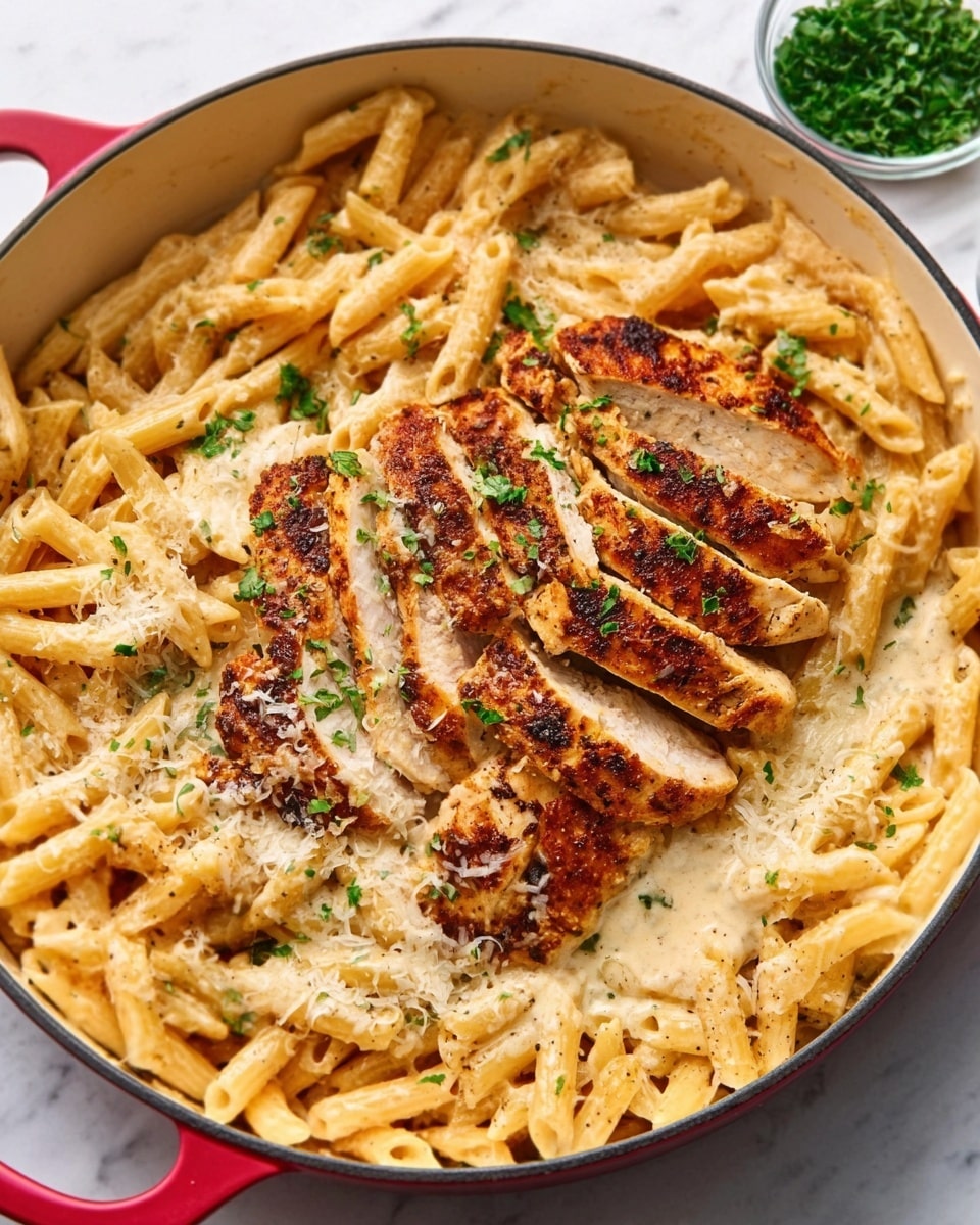 The image shows a close-up of a dish in a white bowl filled with creamy pasta. The pasta is penne, cooked to a soft texture, and covered with a thick, light orange sauce. On top of the pasta, there are several slices of grilled chicken breast with a golden-brown crust, arranged in a neat row across the bowl. The chicken is sprinkled with finely grated cheese and small green parsley leaves, adding a fresh touch. The dish rests on a white marbled surface. photo taken with an iphone --ar 4:5 --v 7