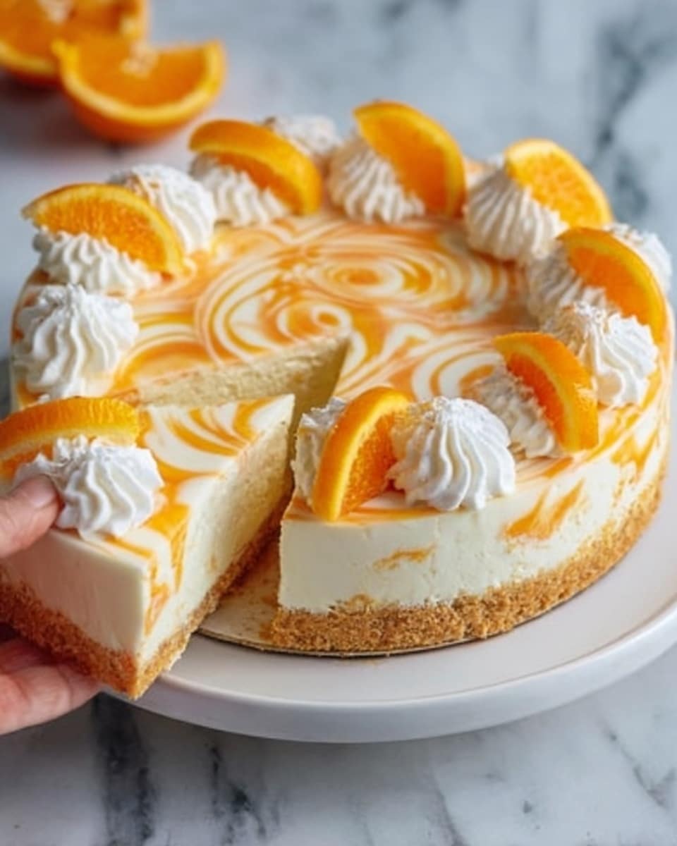 A round cheesecake with a thick, crumbly golden brown crust at the bottom. Above the crust, there is a smooth white cream layer with swirls of bright orange creating a marble pattern across the surface. The cake is topped with thin, evenly spaced slices of fresh orange around the edge and three small dollops of white whipped cream with orange drizzle on top. The cheesecake is placed on a white round plate, set on a white marbled surface. A slice is cut out, showing the clear separation between the crust and creamy layers. Photo taken with an iphone --ar 4:5 --v 7