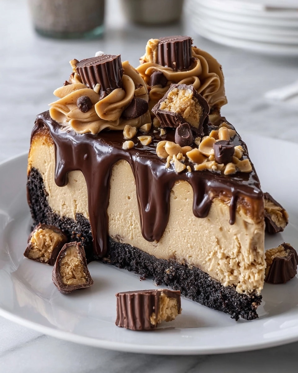 A slice of cheesecake with three main layers sits on a white plate over a white marbled texture. The bottom layer is dark and crumbly, resembling crushed chocolate cookies. Above it is a thick, creamy tan cheesecake layer with a smooth texture and some small chunks. On top, a shiny dark chocolate ganache drips slightly over the edges. The slice is decorated with swirls of light brown peanut butter cream, halved peanut butter chocolate cups, small round chocolate chips, and crushed peanuts. Some pieces of peanut butter cups and peanuts are scattered on the plate around the slice. photo taken with an iphone --ar 4:5 --v 7