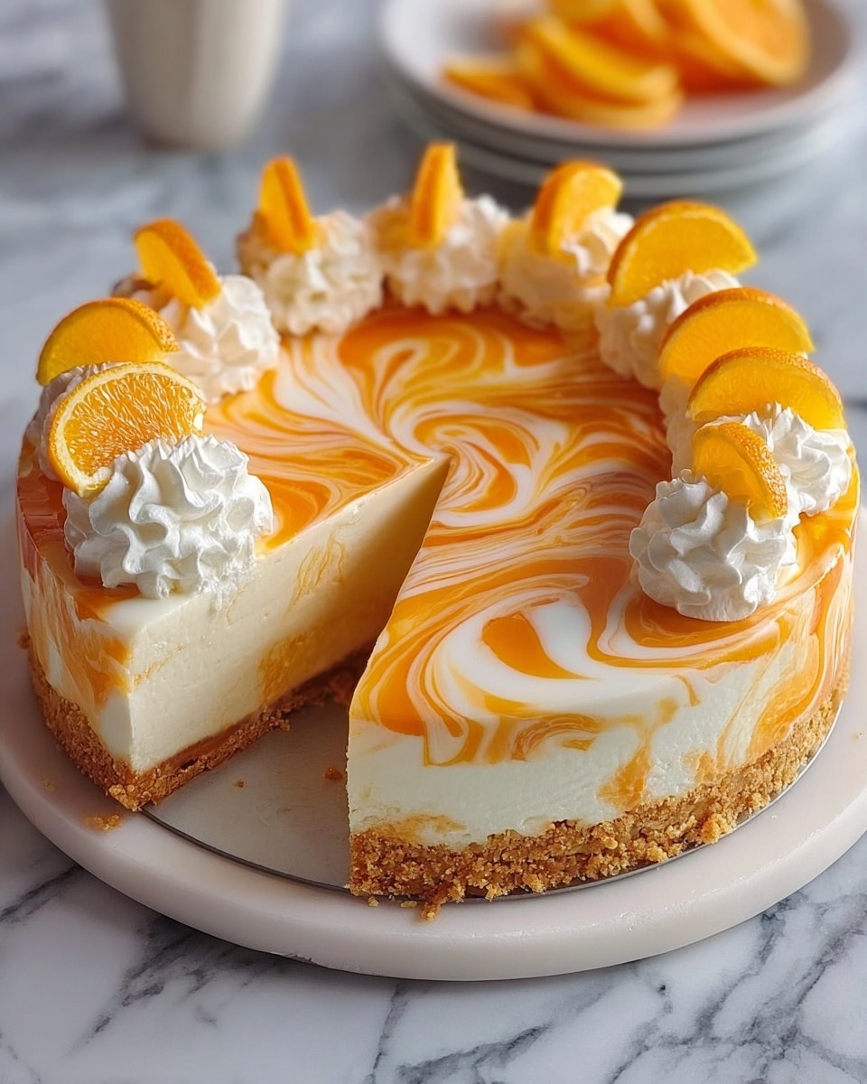 The image shows a round cheesecake with three clear layers: a crumbly light brown crust at the bottom, a thick white creamy middle layer with orange swirls mixed through it, and a smooth top layer with the same orange and white swirl pattern. The top is decorated with a circle of thin, bright orange tangerine slices and small swirls of white whipped cream placed evenly between the slices. One slice has been cut and slightly pulled out to reveal the inside layers clearly. The cheesecake sits on a white marble textured surface. Photo taken with an iphone --ar 4:5 --v 7