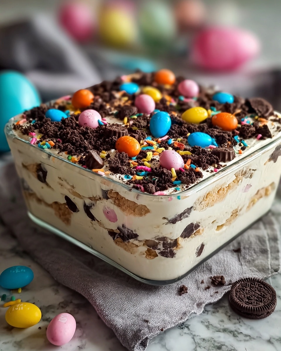 A clear glass square dish holds a layered dessert with three visible layers: the bottom and top layers are creamy white, with a thick middle layer of crushed dark chocolate cookies. The top layer is decorated with colorful chocolate eggs in pink, blue, yellow, and orange, along with chocolate pieces, dark cookie crumbs, and multicolored sprinkles scattered evenly. The dish is placed on a gray cloth, and some of the colorful eggs and small cookie pieces are resting around it on the white marbled surface. The background is softly blurred, making the dessert the clear focus. photo taken with an iphone --ar 4:5 --v 7