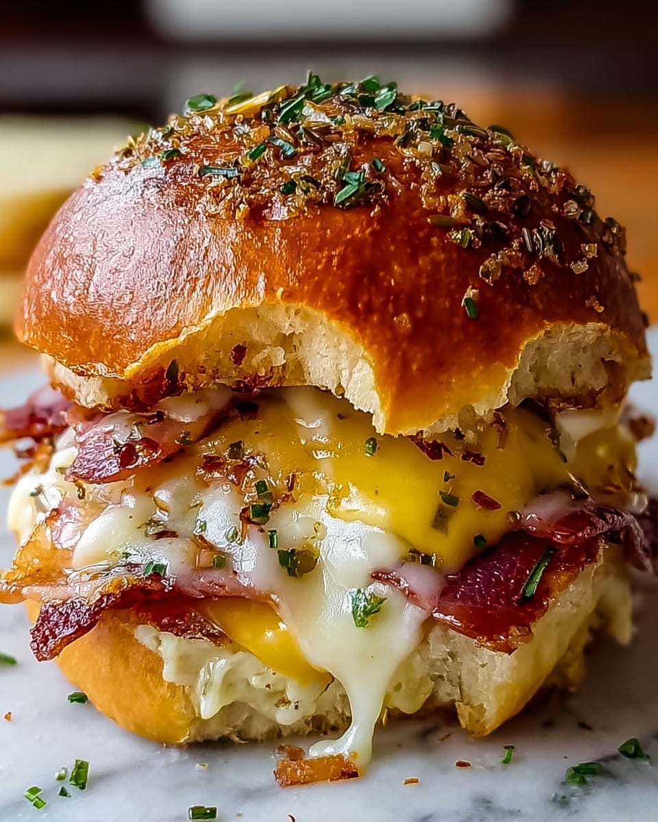 A close-up view of a sandwich with three layers, topped with a shiny, golden brown bun sprinkled with crushed red pepper flakes and chopped green herbs. The top layer beneath the bun is melted white cheese, slightly dripping down over toasted slices of bacon. Below it is a layer of melted cheddar cheese, also oozing and covering more bacon slices. The bottom layer is a soft, white bun supporting the stack. The sandwich sits on a white marbled surface with a few scattered herbs and pepper flakes around it. photo taken with an iphone --ar 4:5 --v 7