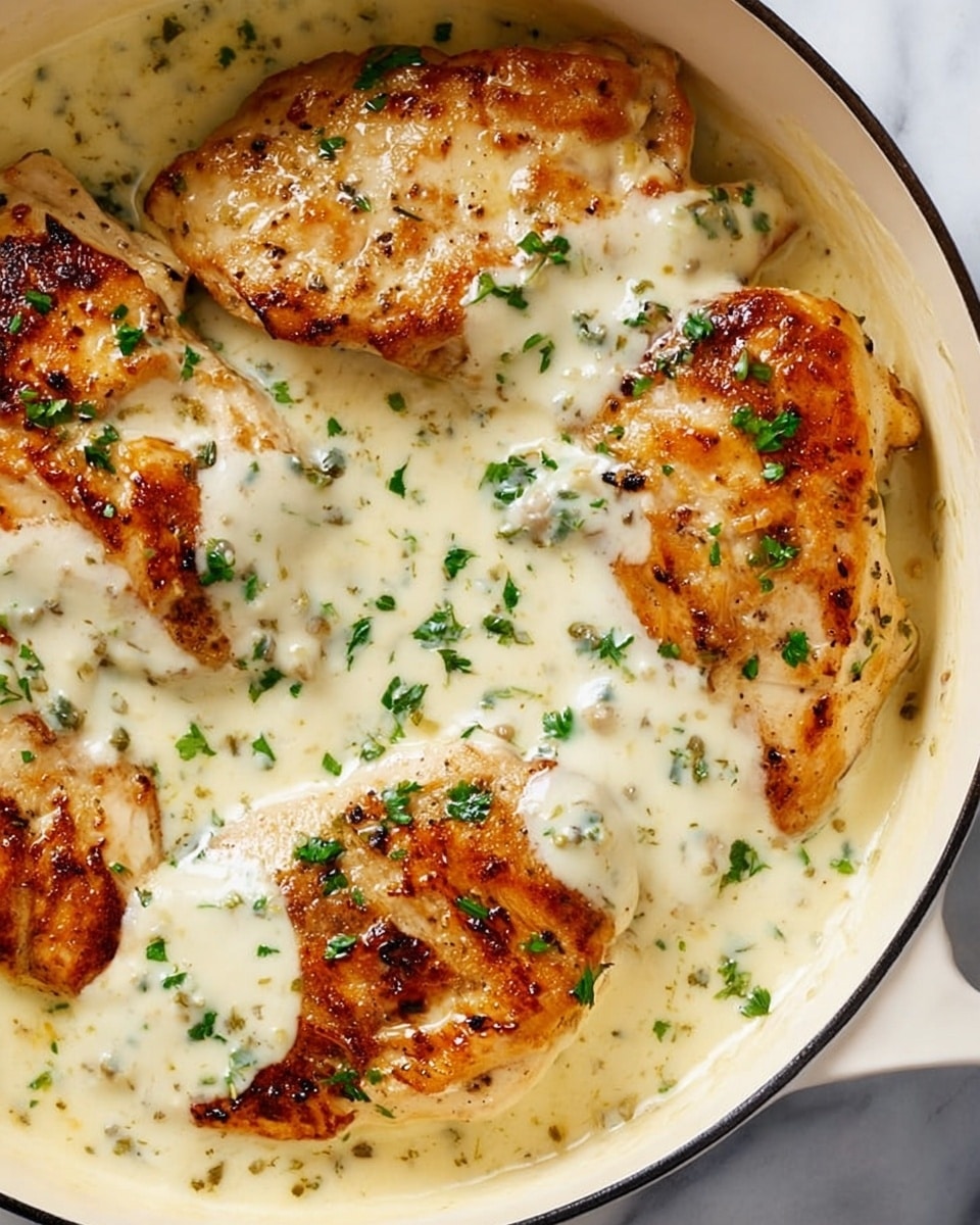 A close-up view of four browned chicken breasts with a golden crust, partially covered in a smooth, creamy white sauce that has a hint of glossy texture. Small green parsley pieces sprinkled evenly on top add a fresh contrast to the creamy sauce. The chicken pieces sit in a white pan filled with the thick sauce, creating a rich, hearty look. The background is a white marbled texture. photo taken with an iphone --ar 4:5 --v 7