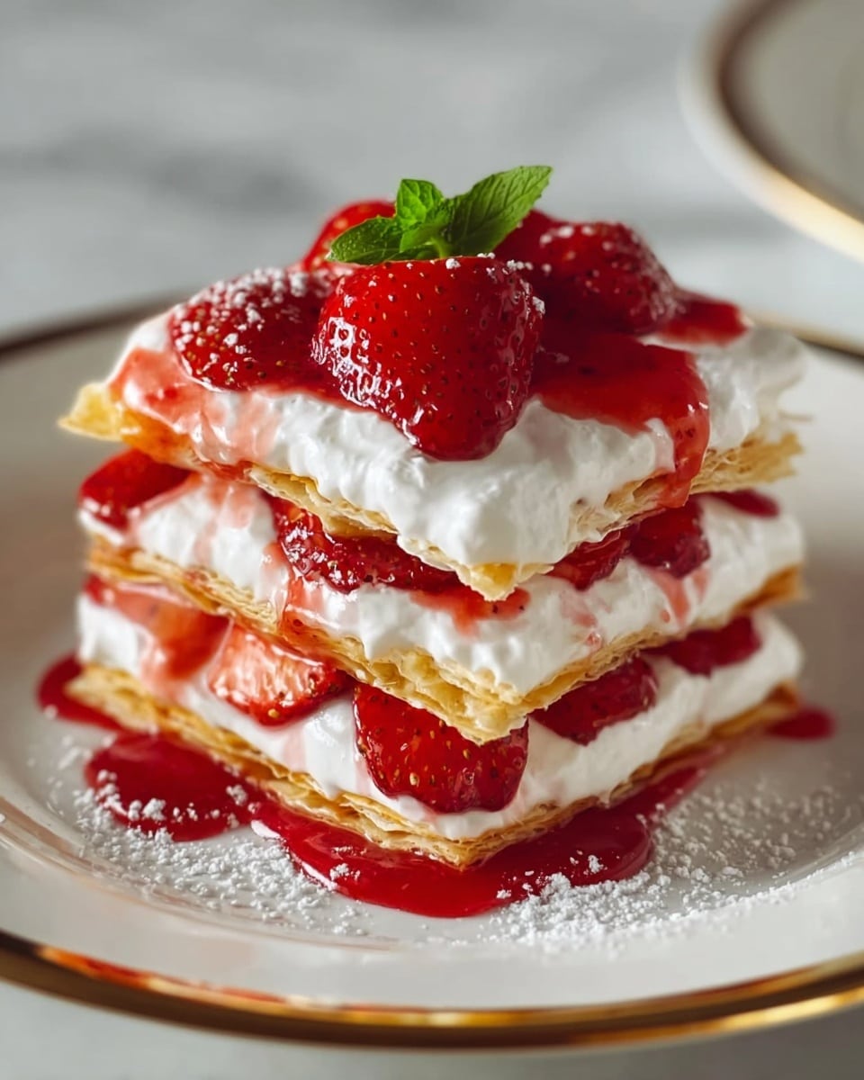 A layered strawberry dessert is shown with four visible layers, starting from the bottom with a thin golden brown pastry layer soaked slightly in red strawberry sauce that spreads onto the white plate with a gold rim. The next layer is creamy white whipped cream mixed with fresh red strawberry slices. This pattern repeats, with each golden pastry layer topped with more whipped cream and strawberry pieces. The top layer is a thick spread of whipped cream covered by bright red sliced strawberries and a small green mint leaf in the center. The plate sits on a white marbled surface with blurred strawberries in the background. Photo taken with an iphone --ar 4:5 --v 7