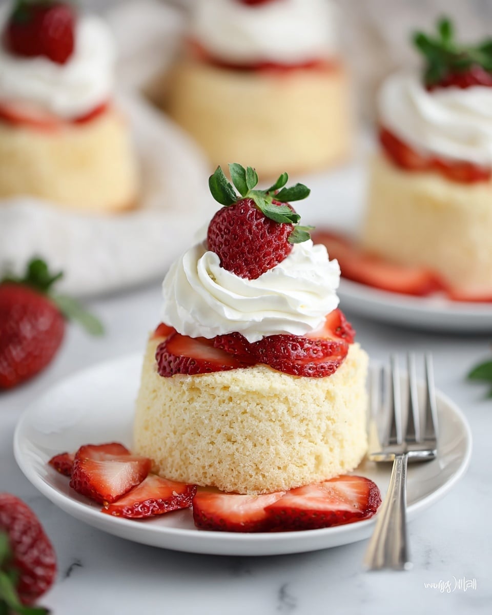 A small round sponge cake sits on a white plate with a soft, light yellow texture. The cake is topped with slices of fresh red strawberries that peek out from a swirl of white whipped cream. One strawberry half with green leaves is placed upright on top of the whipped cream, adding a fresh touch. More strawberry slices are scattered around the base of the cake on the plate. A silver fork rests beside the cake on the plate. In the blurred background, more similar cakes can be seen on a white plate, all set on a white marbled surface. Photo taken with an iphone --ar 4:5 --v 7