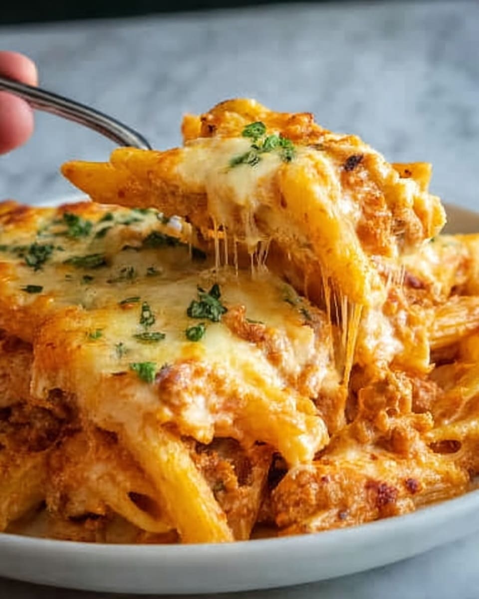 The image shows a close-up of cheesy baked pasta with a woman’s hand using a fork to lift a portion. The pasta is penne, covered in a creamy orange-red sauce mixed with melted mozzarella cheese that stretches in strings as the fork lifts. Small green garnishes are scattered on top, adding fresh color contrast. The dish is served on a white plate, placed on a white marbled surface. photo taken with an iphone --ar 4:5 --v 7