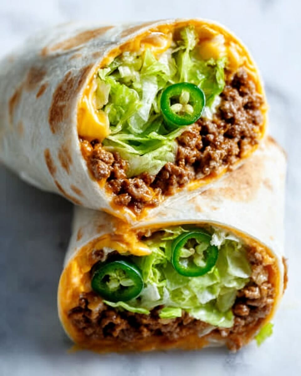 A close-up image of two halves of a wrap placed on a white marbled surface, each half showing multiple layers inside a soft white tortilla. The bottom layer consists of dark brown cooked beef with a slightly crumbly texture, followed by a layer of bright yellow melted cheese that adds a smooth, creamy element. On top of the cheese, there is a fresh layer of green lettuce and cucumber slices, adding a mix of light and dark greens with a crisp texture. The wrap is cut cleanly, showing all the layers clearly and arranged side by side with some slight overlap. Photo taken with an iphone --ar 4:5 --v 7