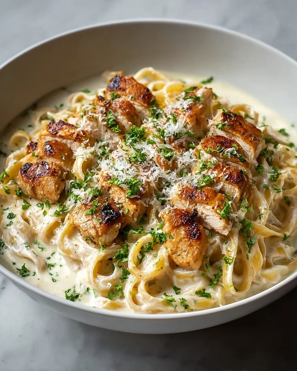 A white bowl holds creamy fettuccine pasta coated in a rich, pale beige sauce, topped with several golden-brown grilled chicken pieces that have a slight char and crispy texture. Scattered bright green chopped parsley and shavings of white parmesan cheese are sprinkled over the pasta and chicken, adding a touch of fresh color. The dish sits on a white marbled surface, highlighting the warm tones of the food. photo taken with an iphone --ar 4:5 --v 7