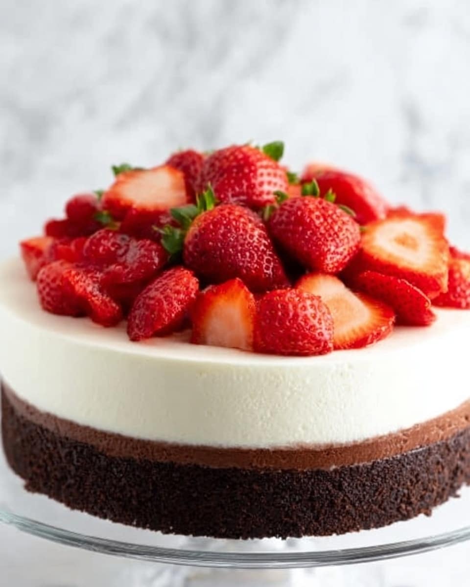 The image shows a dessert with three clear layers on a white plate. The bottom layer is a thick, dark brown cake base with a moist texture. Above it is a thick creamy white middle layer that looks smooth and firm. The top layer consists of fresh red strawberries, some whole and some sliced, spread evenly over a layer of white cream. The background is a white marbled surface. Photo taken with an iphone --ar 4:5 --v 7
