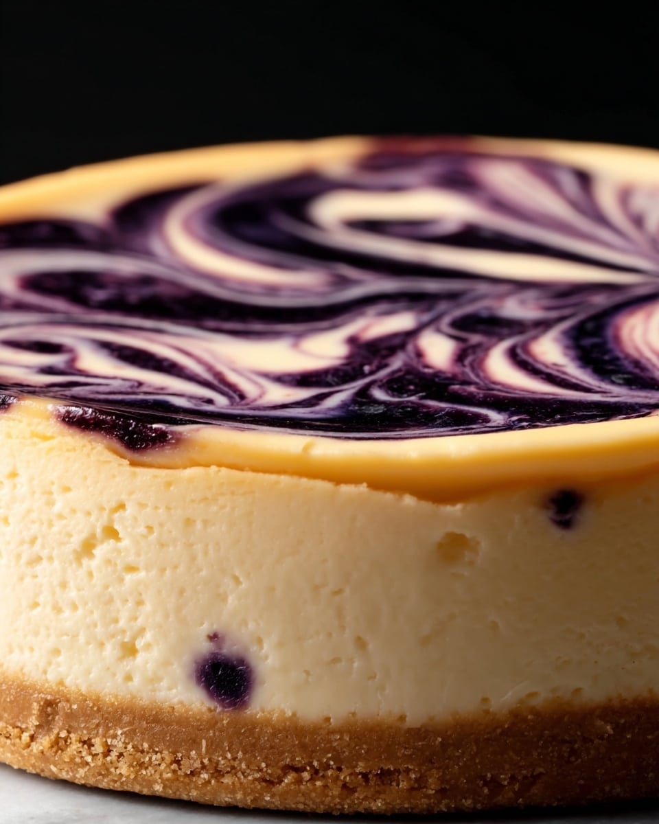 A close-up view of a cheesecake with three clear layers. The bottom layer is a thick, crumbly golden brown crust with a rough texture. Above it is a smooth, creamy pale yellow cheese filling layer that is thick and uniform. The top layer is a dark purple and white swirl pattern made with a glossy texture, creating an artistic marbled effect across the surface. The cheesecake is shown on a round white plate against a background with a white marbled texture. photo taken with an iphone --ar 4:5 --v 7