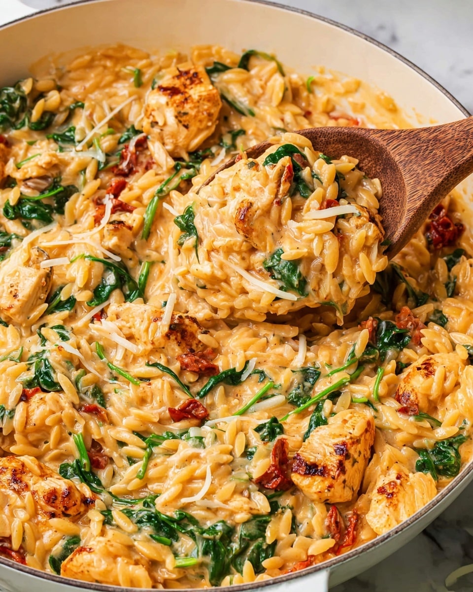 A close-up view of a creamy orzo pasta dish in a white pan, showing three main layers: the base layer of small, rice-shaped orzo pasta coated in a light orange creamy sauce, dotted with golden brown cooked chicken pieces; mixed throughout are wilted dark green spinach leaves and bits of red sun-dried tomatoes. The top layer has a light sprinkling of shredded white cheese melting into the sauce. A wooden spoon is scooping some of the orzo mixture, lifting a portion that clearly shows the mix of pasta, chicken, green spinach, and bits of tomato, all coated in the creamy sauce. The pan rests on a white marbled surface. photo taken with an iphone --ar 4:5 --v 7