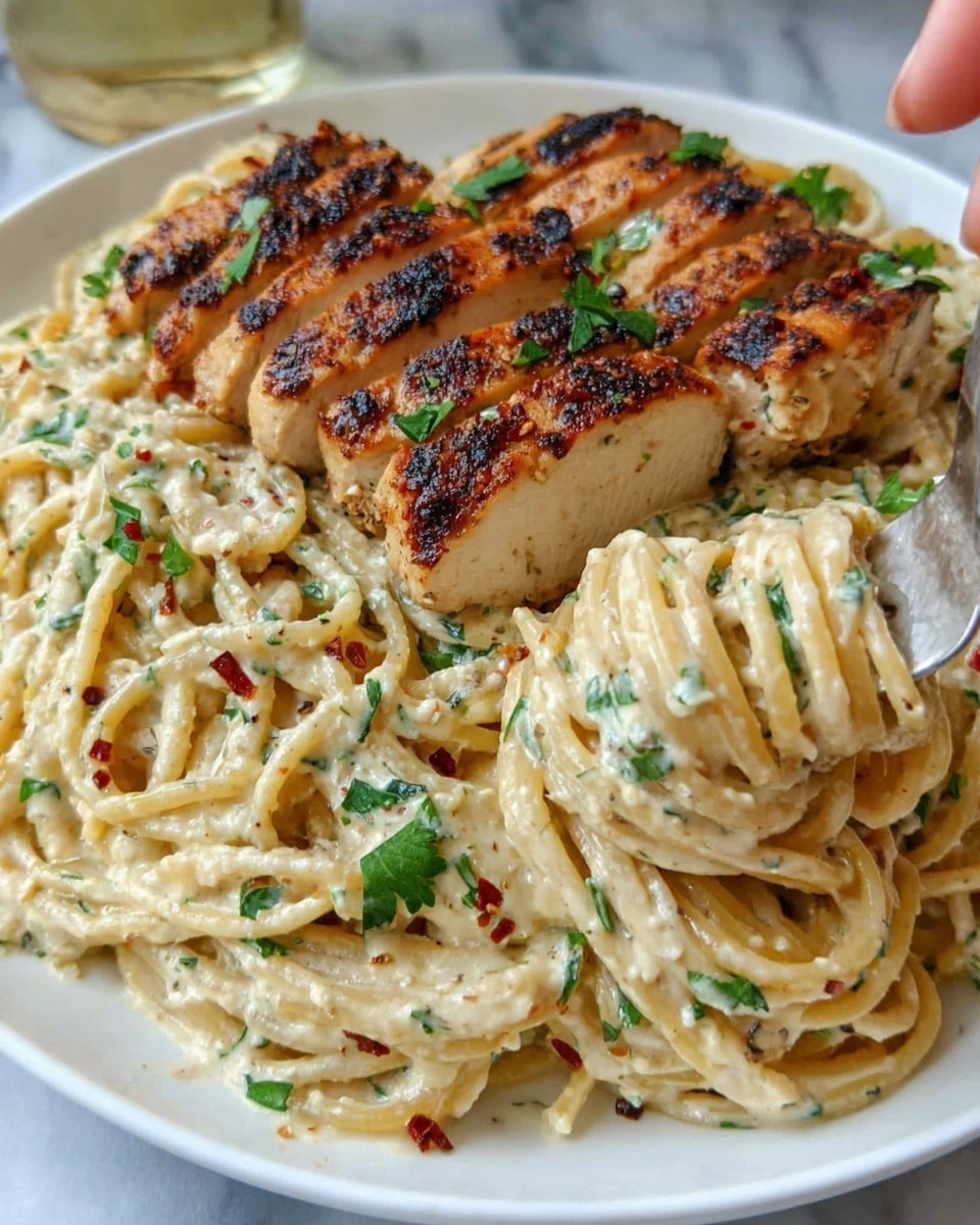 The image shows a white plate of spaghetti pasta mixed with creamy sauce, topped with three pieces of grilled chicken breast that have a golden-brown, slightly charred surface. The chicken sits on top of the pasta in the center, with small bits of green herbs sprinkled over both the chicken and pasta. Some red chili flakes add a speckled color contrast, and the sauce looks smooth and rich, coating each strand of pasta evenly. The background is a white marbled texture. Photo taken with an iphone --ar 4:5 --v 7