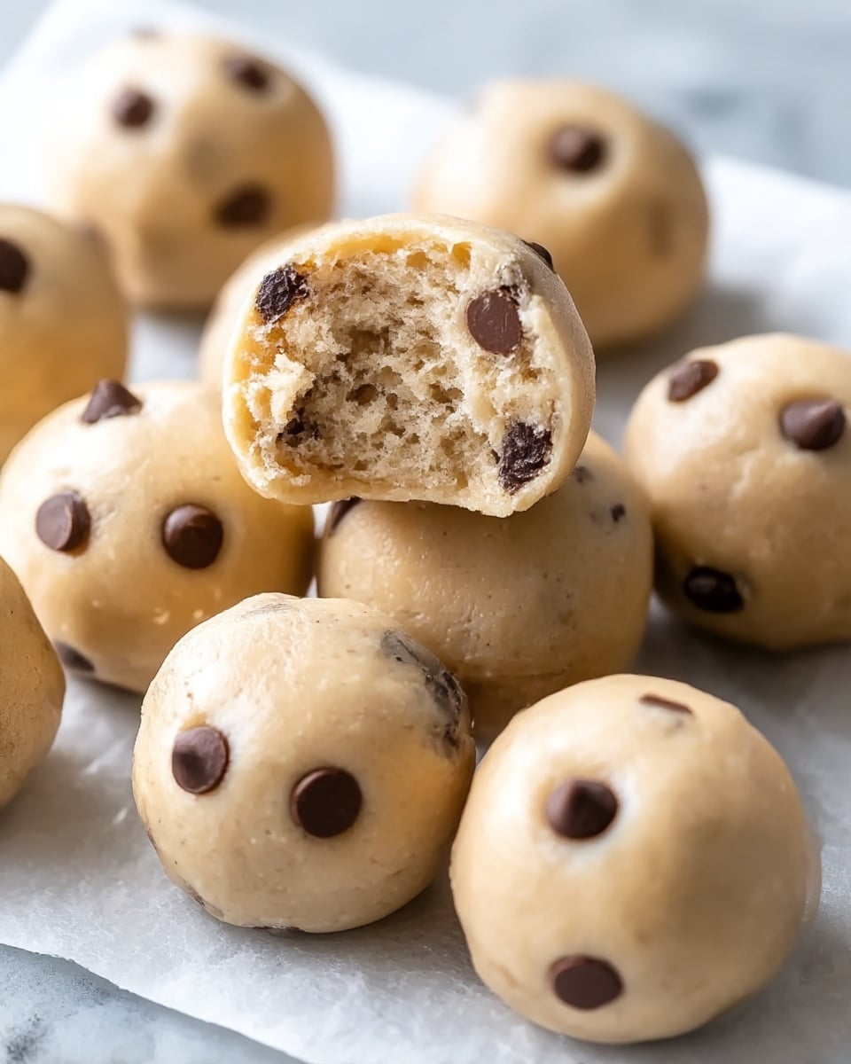 The image shows several round balls of cookie dough resting on a white plate lined with white parchment paper on a white marbled surface. Each dough ball is pale beige with visible dark brown chocolate chips embedded on the surface. The front dough ball has a bite taken out, revealing a soft, slightly crumbly, light beige interior with tiny dark chocolate pieces inside. The texture looks smooth but slightly grainy due to the dough ingredients. The background is softly blurred, highlighting the dough balls in the foreground. Photo taken with an iphone --ar 4:5 --v 7