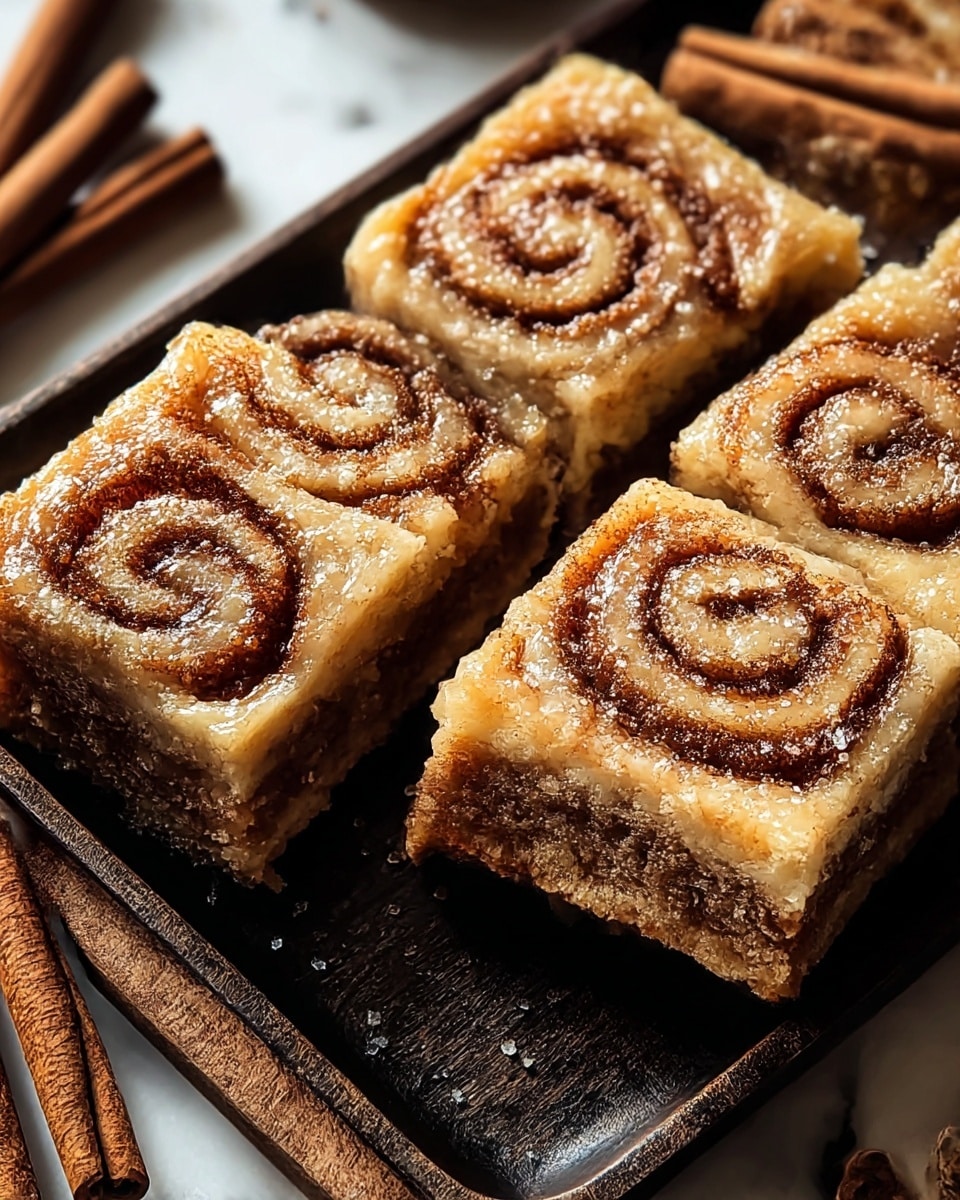 The image shows four square pieces of cinnamon roll bars placed closely together on a dark brown wooden tray. Each bar has two visible layers: the bottom layer is a dense, crumbly brown cinnamon filling with a slightly grainy texture, and the top layer is a lighter, soft dough formed into a spiral shape with a glossy, slightly sugary surface with sprinkled sugar crystals. The edges of the bars are slightly raised and textured, showing a baked crust. In the foreground to the right, there are two cinnamon sticks lying beside the tray on a white marbled texture. The background is softly blurred and warm-toned, enhancing the cozy feel of the dessert. Photo taken with an iphone --ar 4:5 --v 7