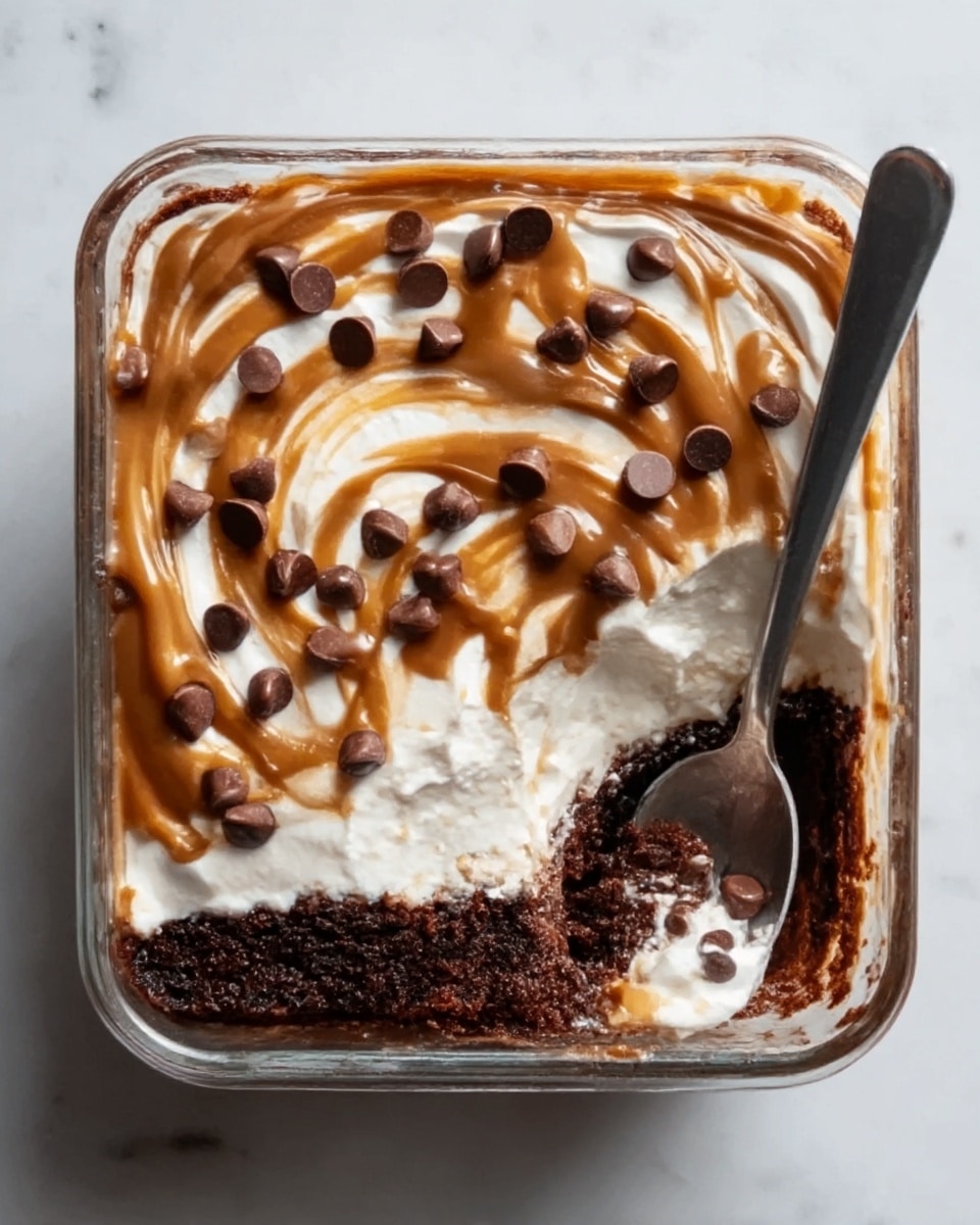 The image shows a square glass dish filled with a dessert. The bottom layer is dark chocolate cake or brownie, topped evenly with a thick white whipped cream layer. On top of the whipped cream, there are swirls of light brown caramel sauce spread in a loose spiral pattern. Scattered over the caramel and whipped cream are many small round chocolate chips. A spoon is placed on the right side in the dish, partially scooping some dessert, showing the dark chocolate and white layers inside. The dish is set on a white marbled surface. photo taken with an iphone --ar 4:5 --v 7